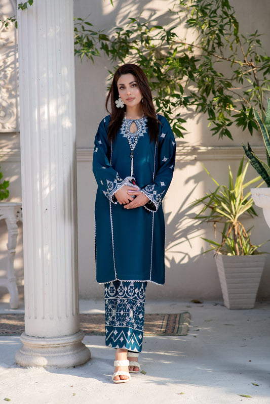 Noura by Hemline Teal Embroidered 2pc Viscose Ready to Wear Suit NH1
