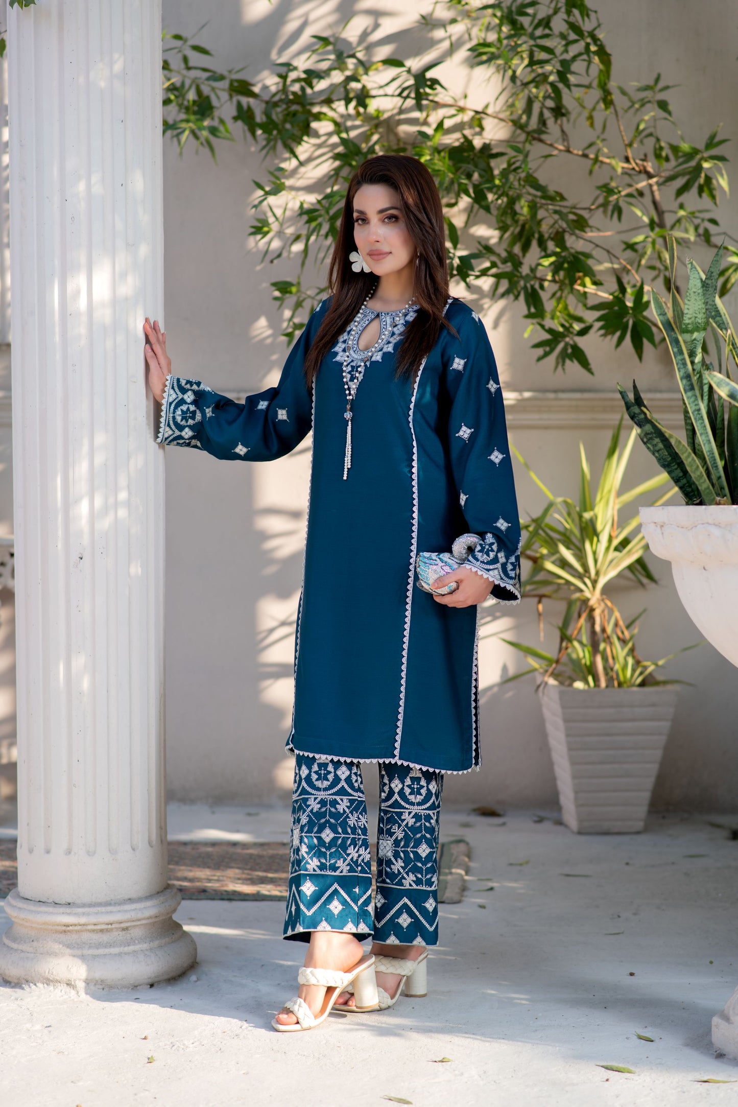 Noura by Hemline Teal Embroidered 2pc Viscose Ready to Wear Suit NH1