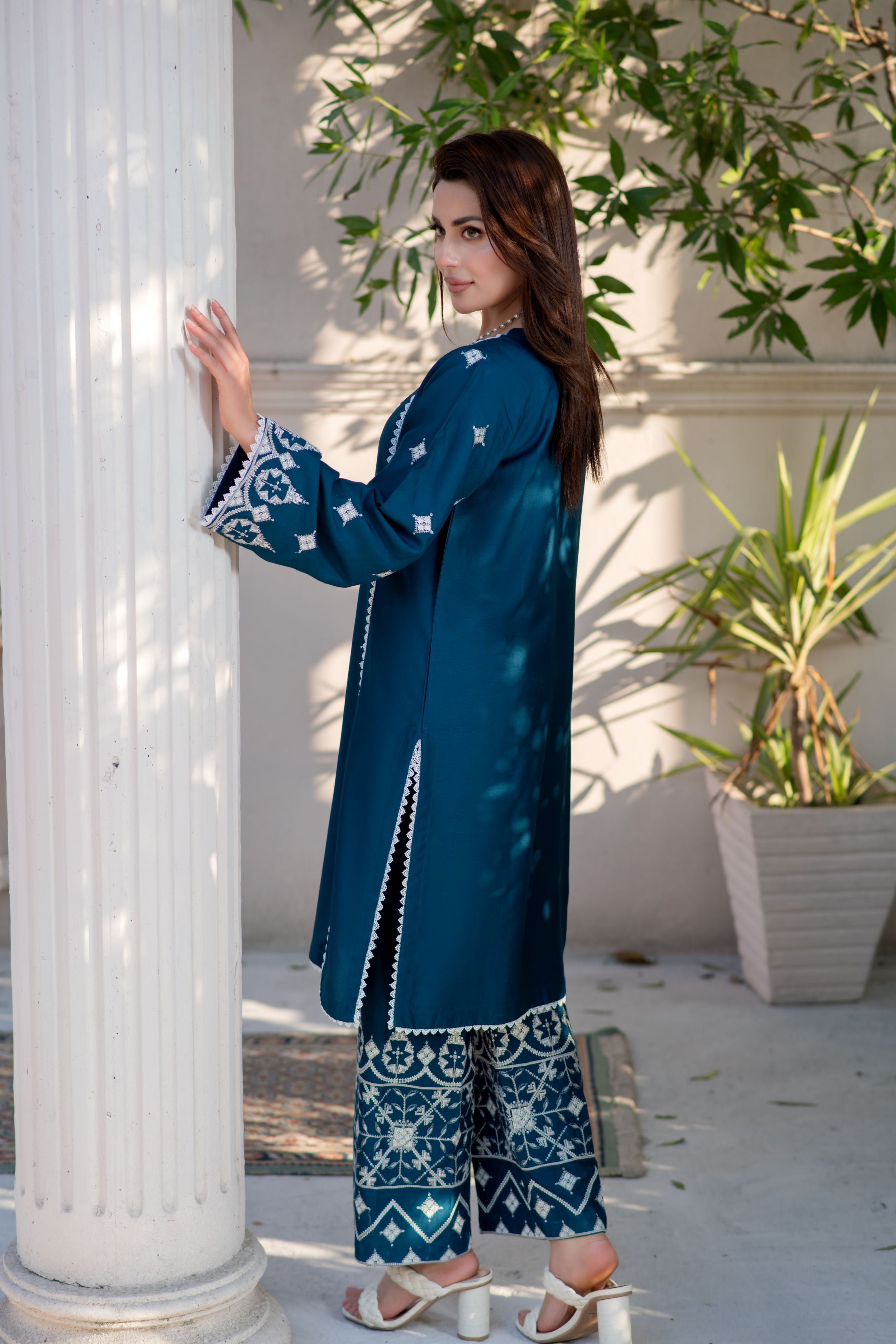 Noura by Hemline Teal Embroidered 2pc Viscose Ready to Wear Suit NH1