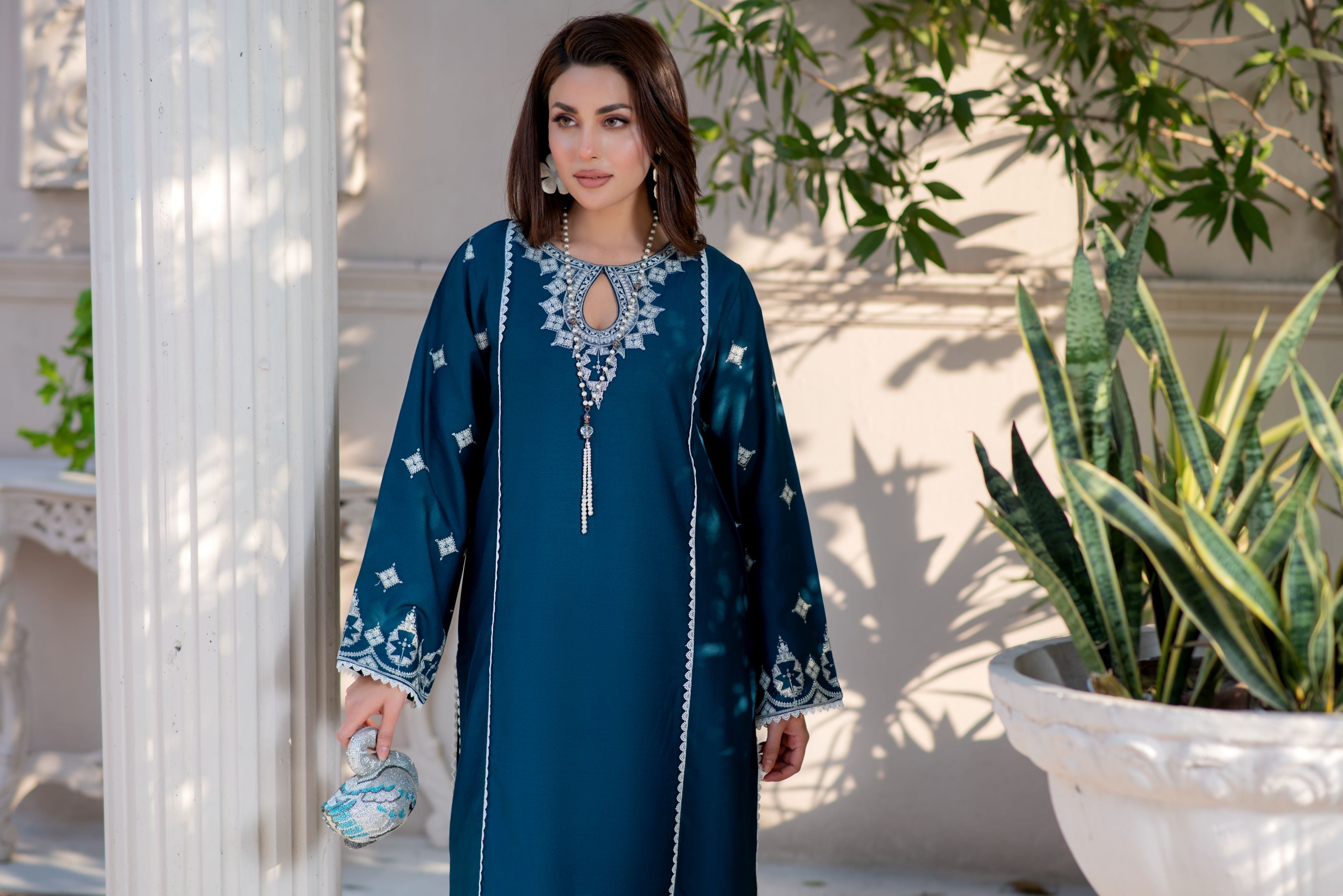 Noura by Hemline Teal Embroidered 2pc Viscose Ready to Wear Suit NH1