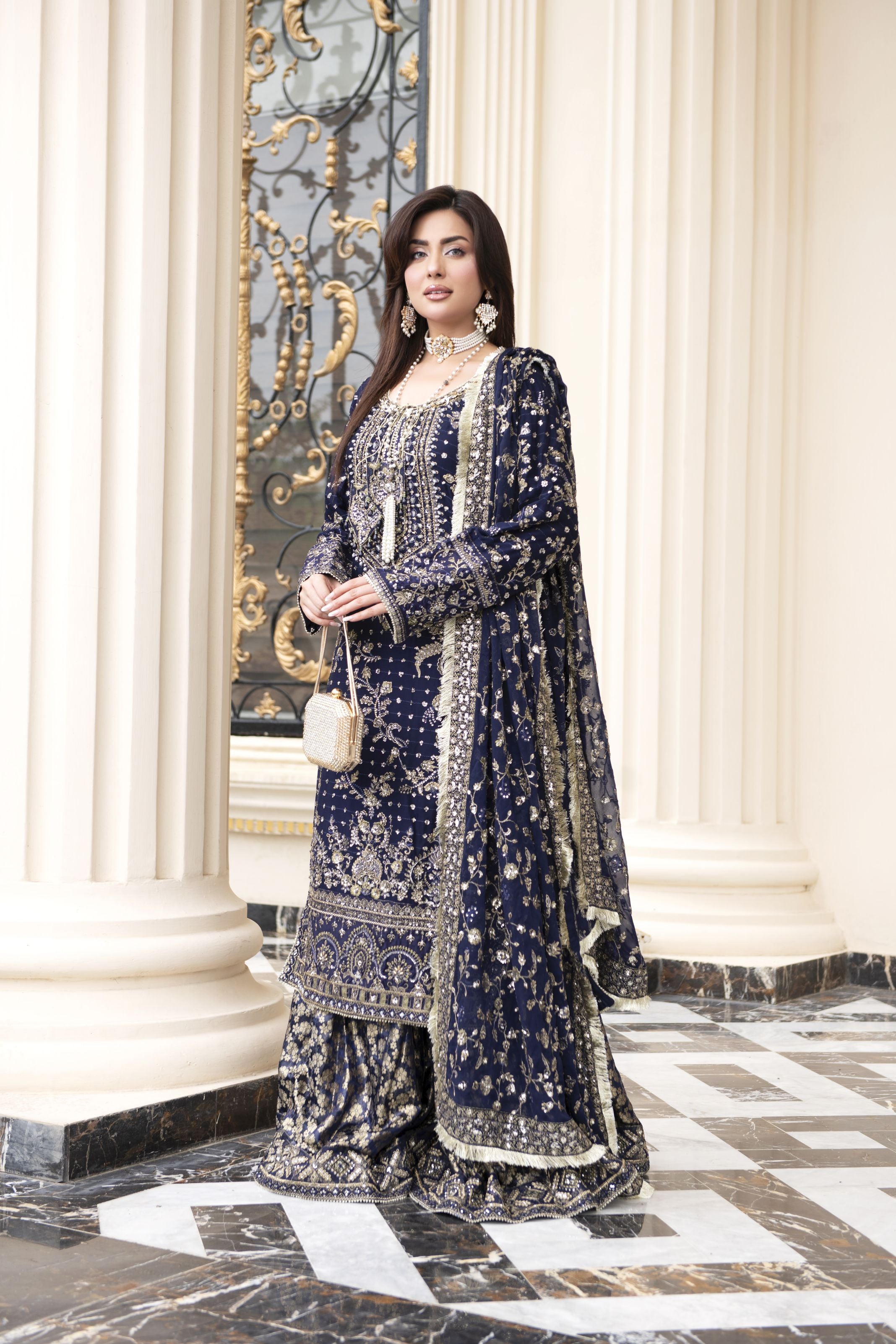 Sitara by Silver – 3pc Chiffon Handworked Dress with Brocade Sharara SBS6