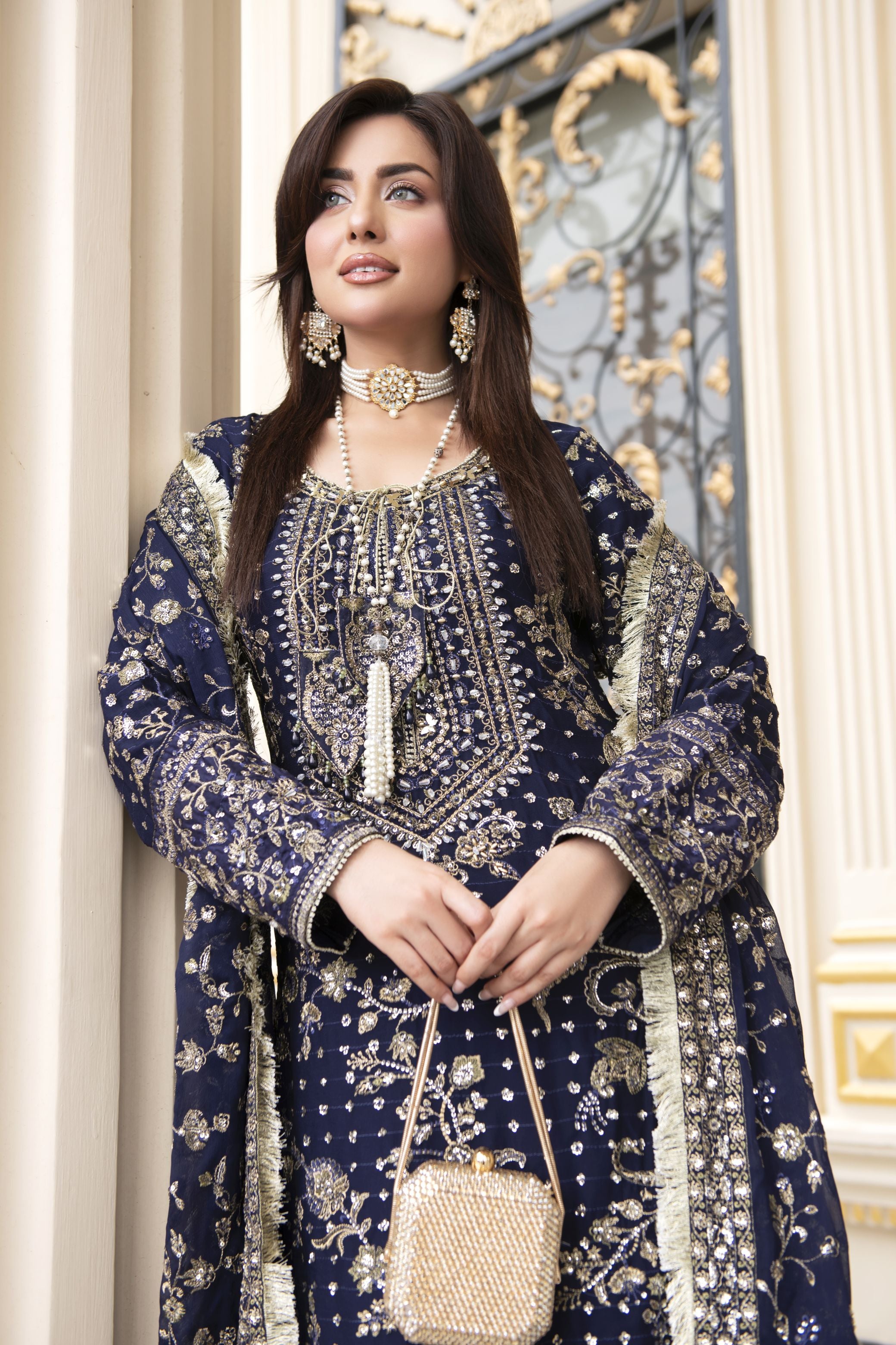 Sitara by Silver – 3pc Chiffon Handworked Dress with Brocade Sharara SBS6