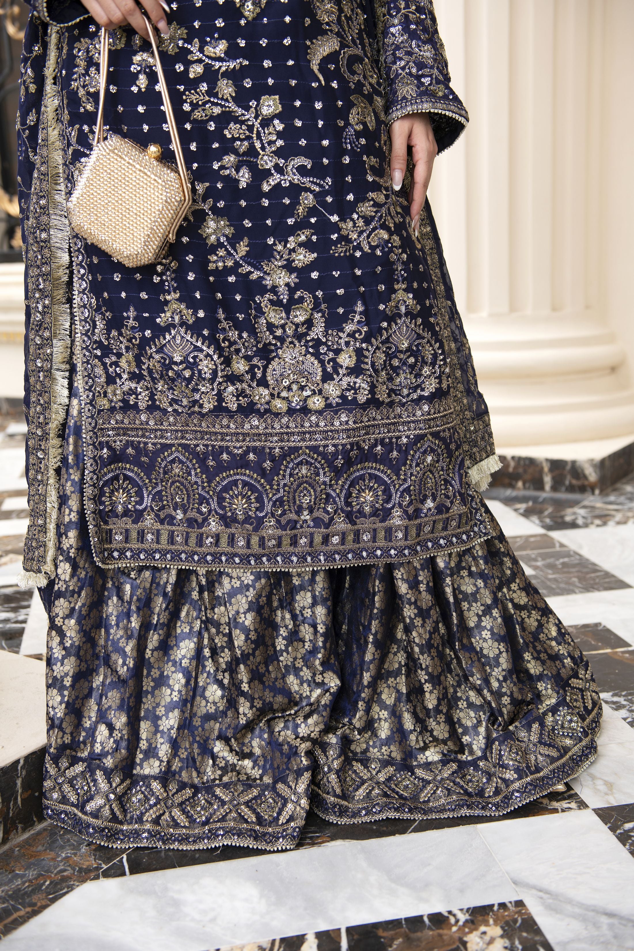 Sitara by Silver – 3pc Chiffon Handworked Dress with Brocade Sharara SBS6