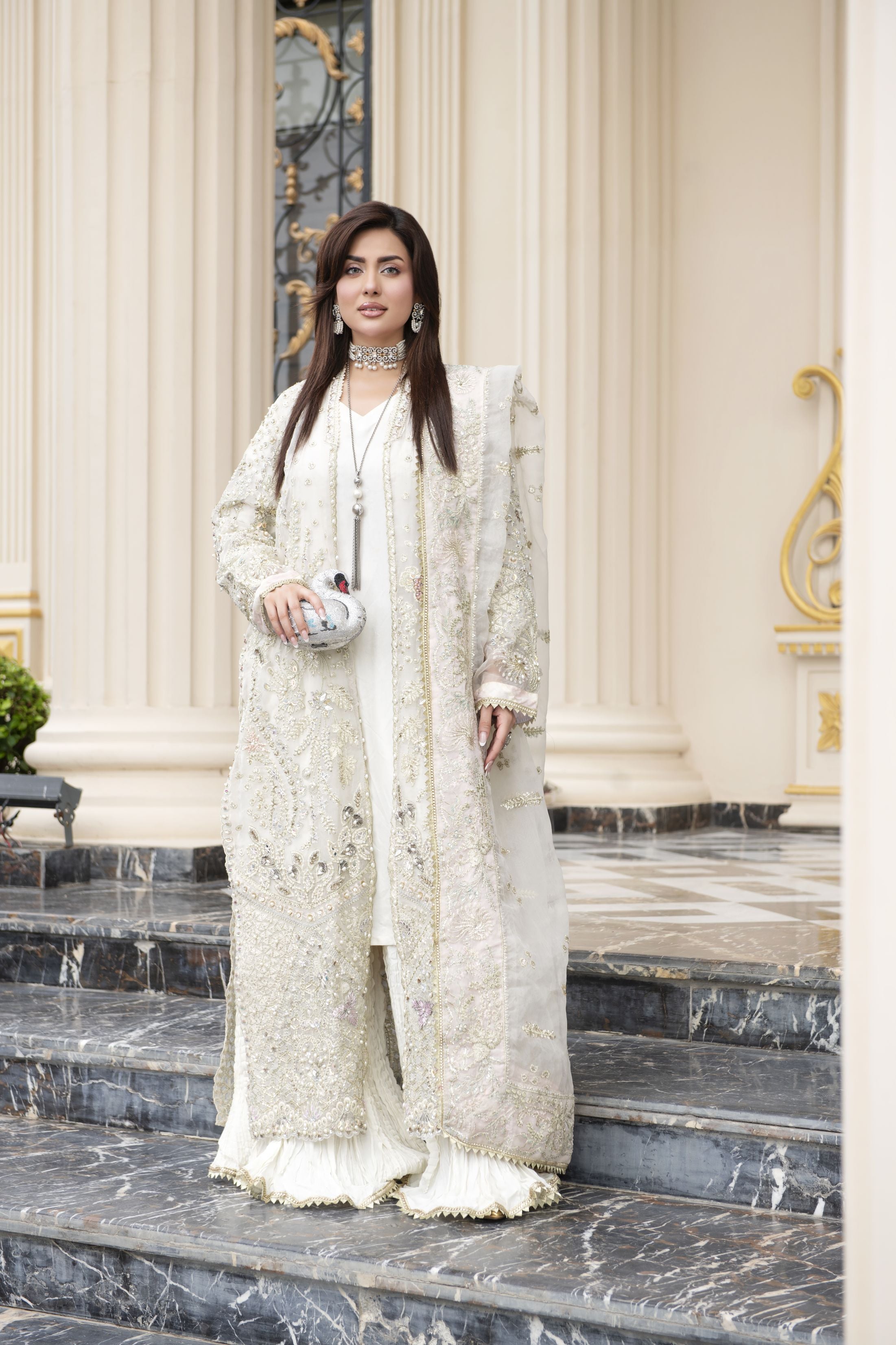 Ivory Embellished Organza Gown Style 3pc Dress with Crushed Sharara by Silver SBS11