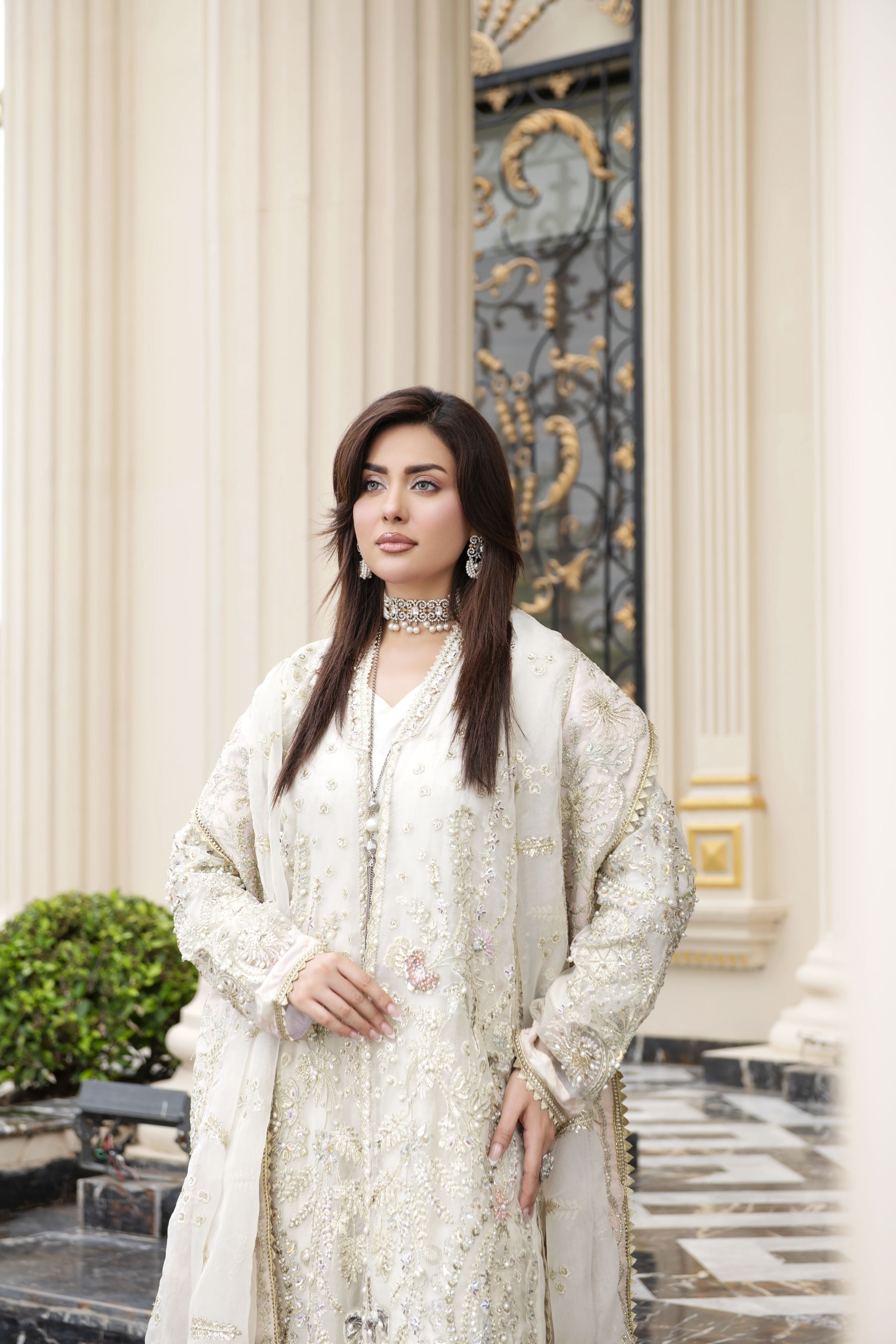 Ivory Embellished Organza Gown Style 3pc Dress with Crushed Sharara by Silver SBS11