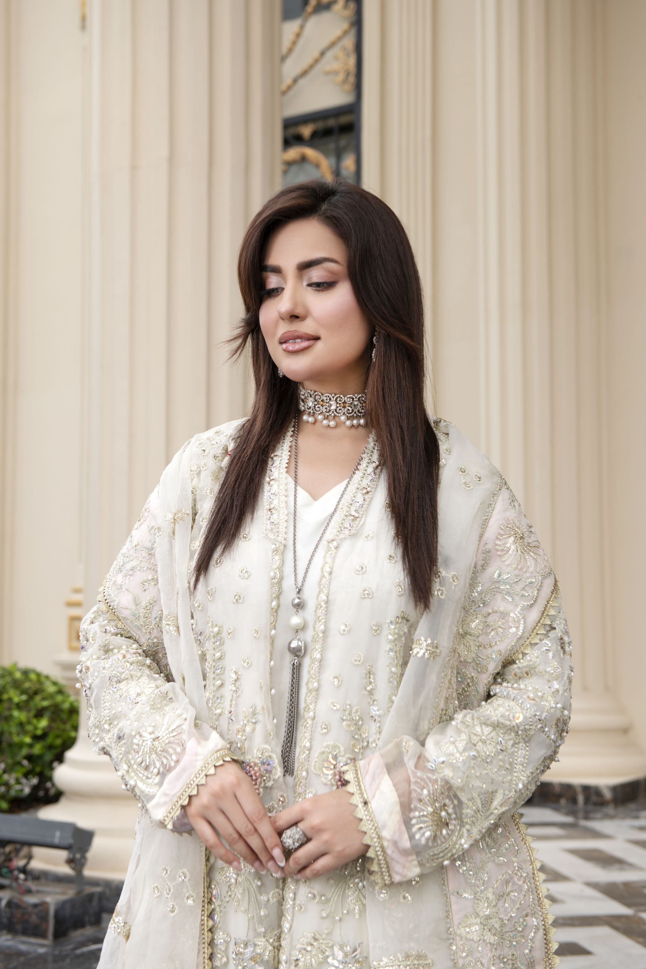 Ivory Embellished Organza Gown Style 3pc Dress with Crushed Sharara by Silver SBS11