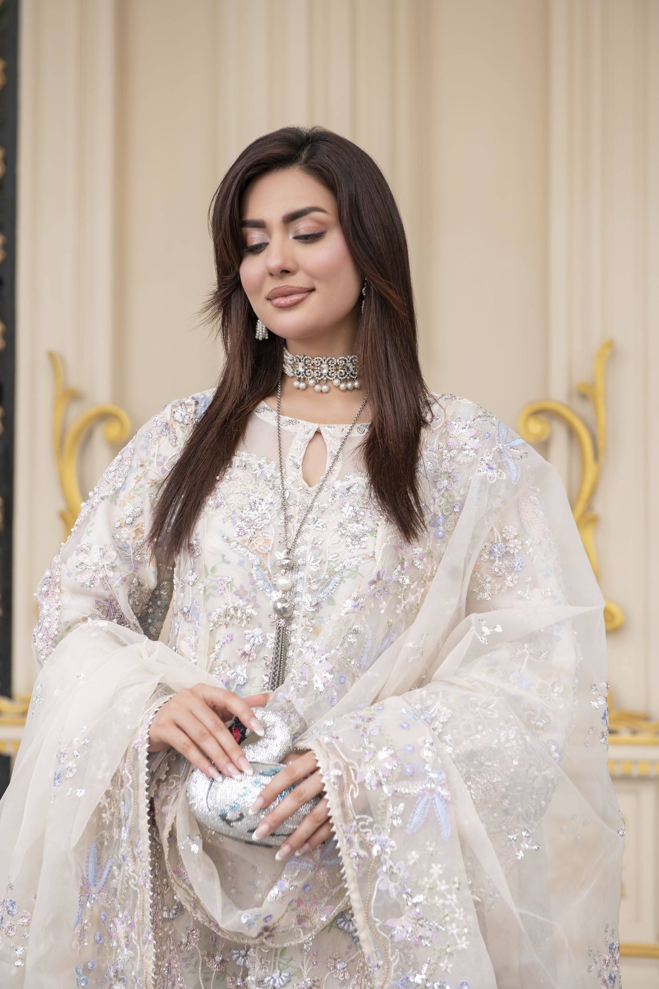 Pastel Ivory Embroidered Organza 3pc Open Slit Shirt with Printed Sharara by Silver SBS13