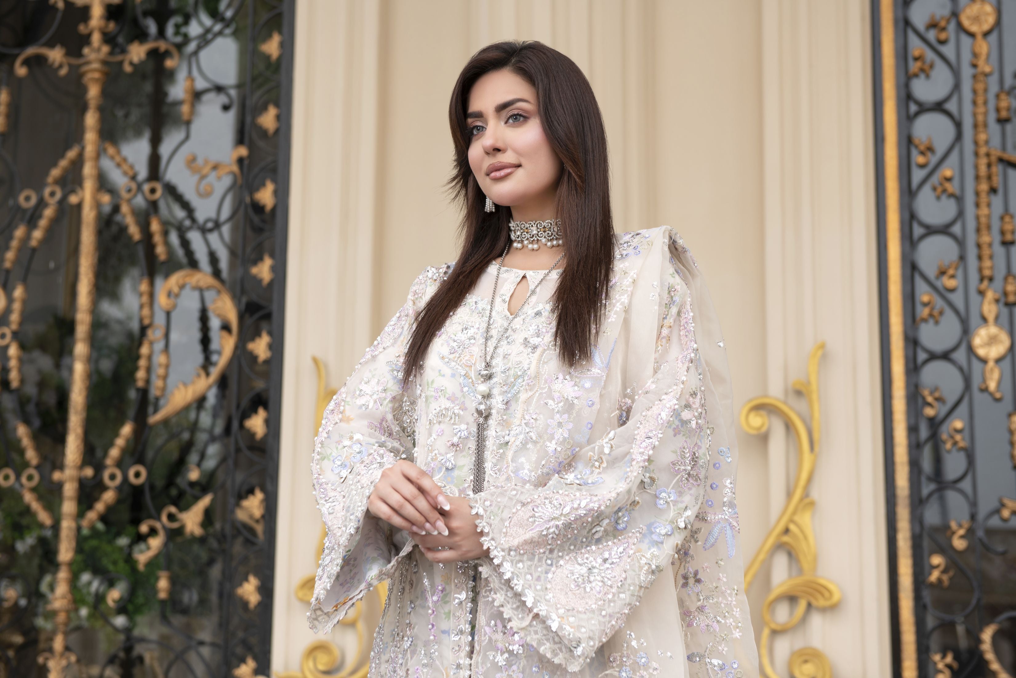 Pastel Ivory Embroidered Organza 3pc Open Slit Shirt with Printed Sharara by Silver SBS13