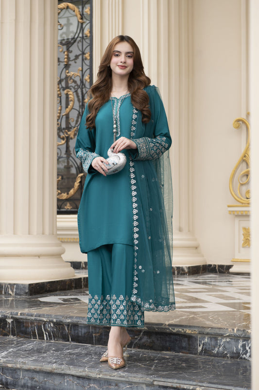 Threaded Grace Silk Karandi by Gul Warun – Teal Embroidered 3pc Suit TGS2