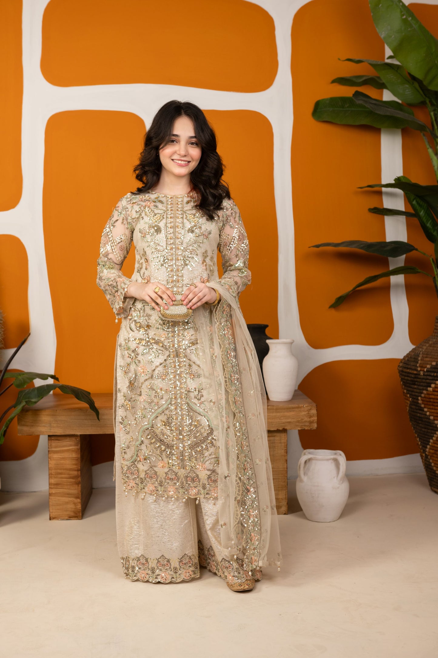 Zaiwaraat by Arwah – Off White Handworked Net Shirt with Sequin Sharara – ZWR15