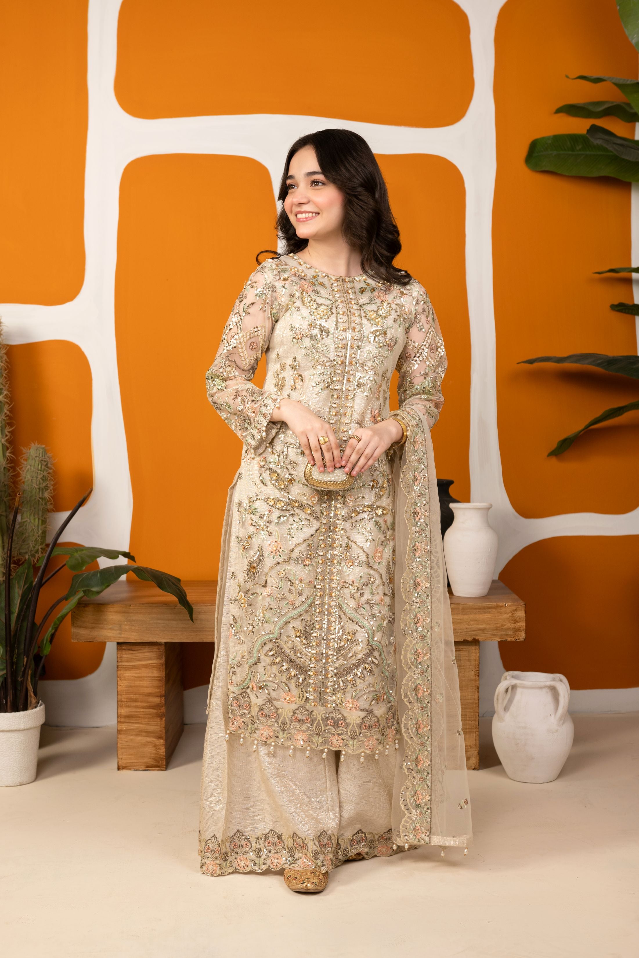 Zaiwaraat by Arwah – Off White Handworked Net Shirt with Sequin Sharara – ZWR15