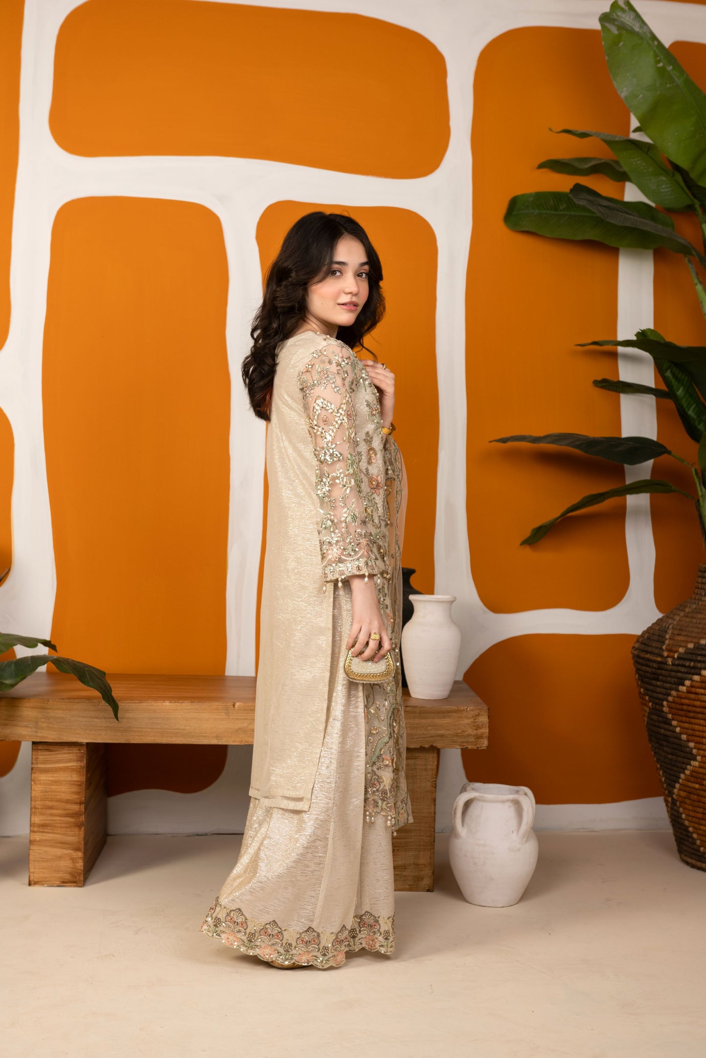 Zaiwaraat by Arwah – Off White Handworked Net Shirt with Sequin Sharara – ZWR15