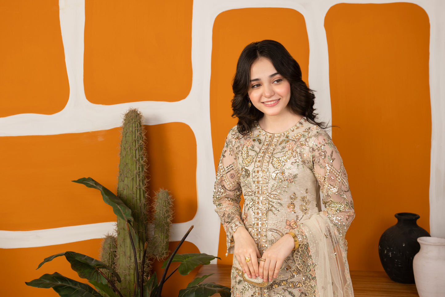 Zaiwaraat by Arwah – Off White Handworked Net Shirt with Sequin Sharara – ZWR15