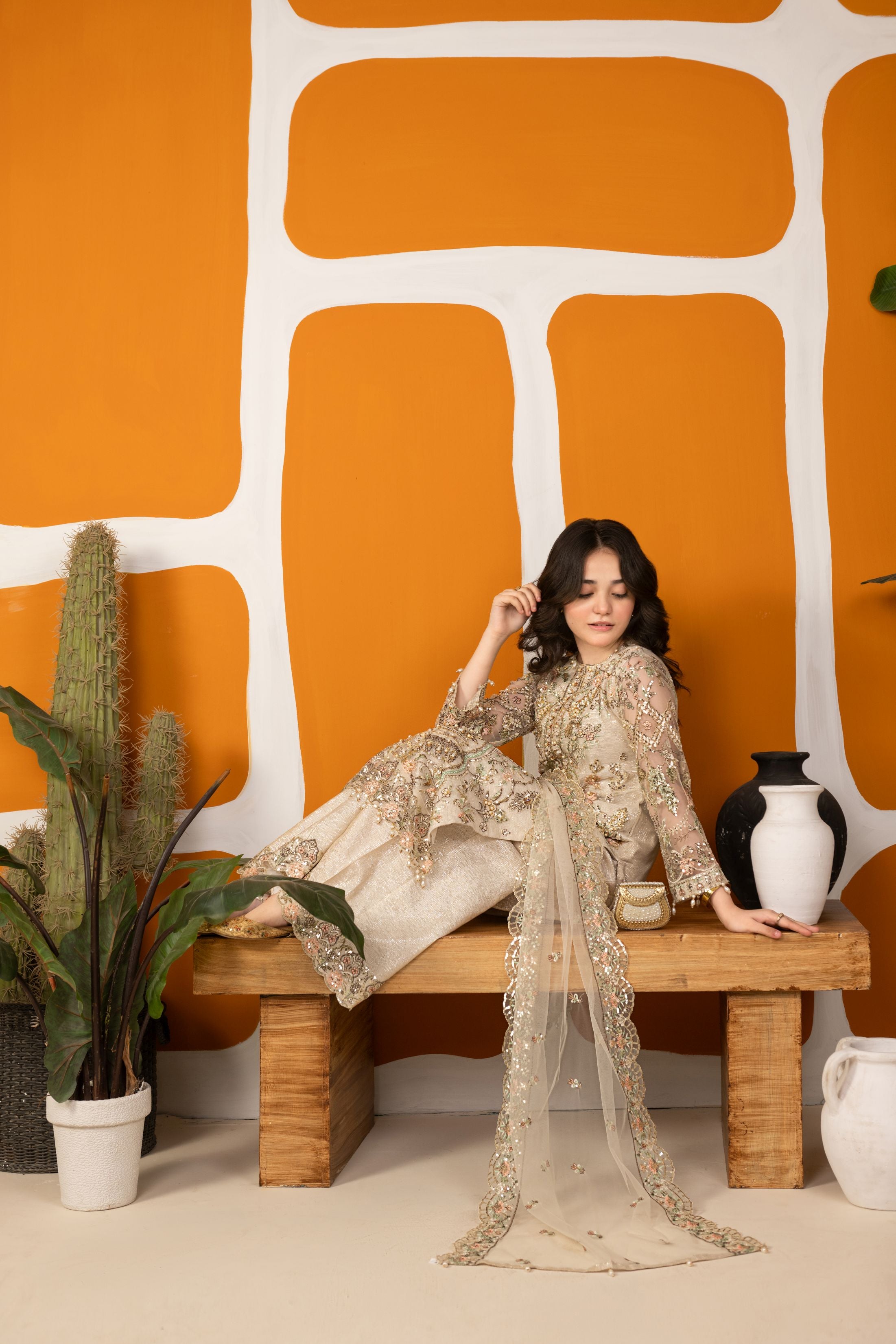 Zaiwaraat by Arwah – Off White Handworked Net Shirt with Sequin Sharara – ZWR15