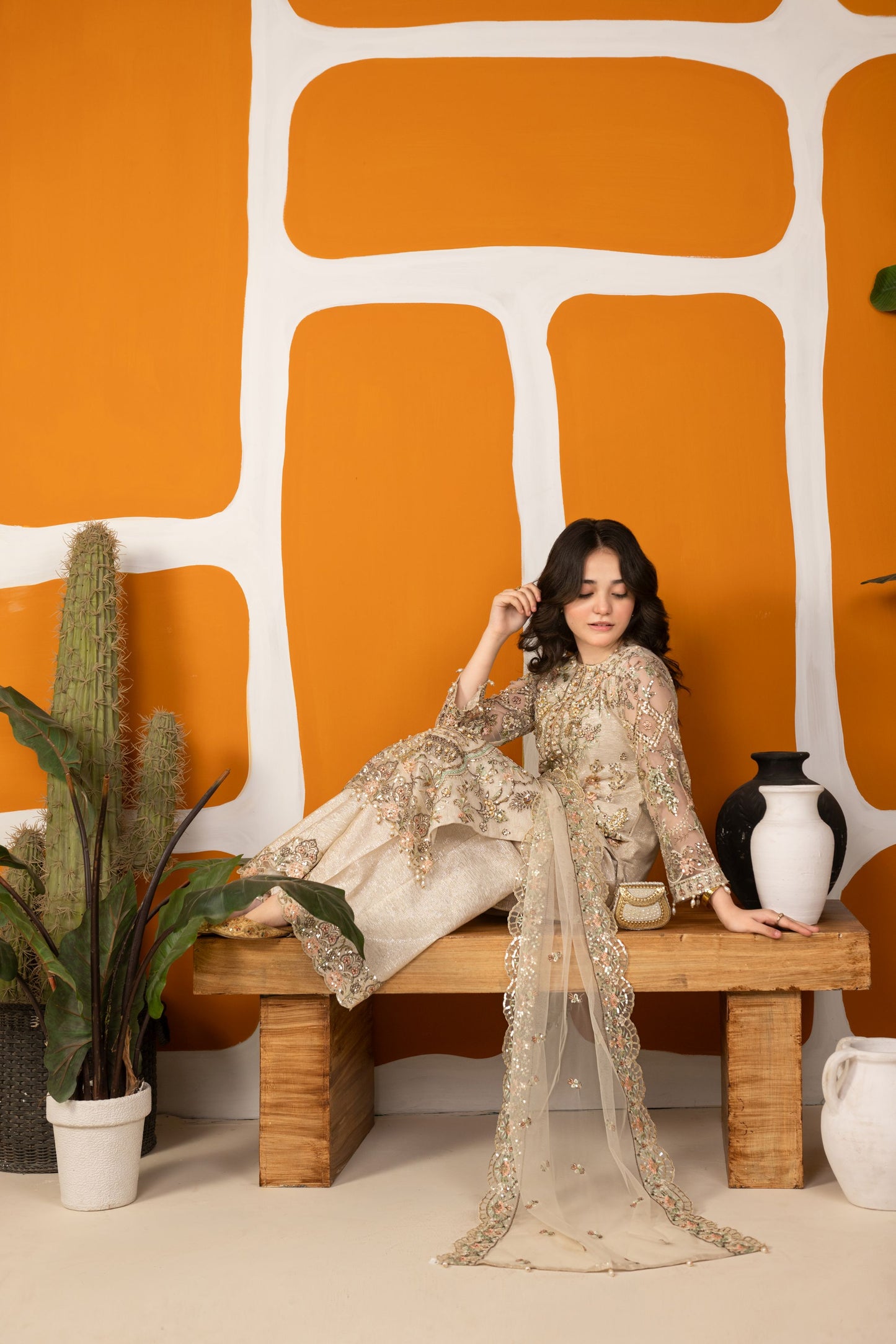 Zaiwaraat by Arwah – Off White Handworked Net Shirt with Sequin Sharara – ZWR15