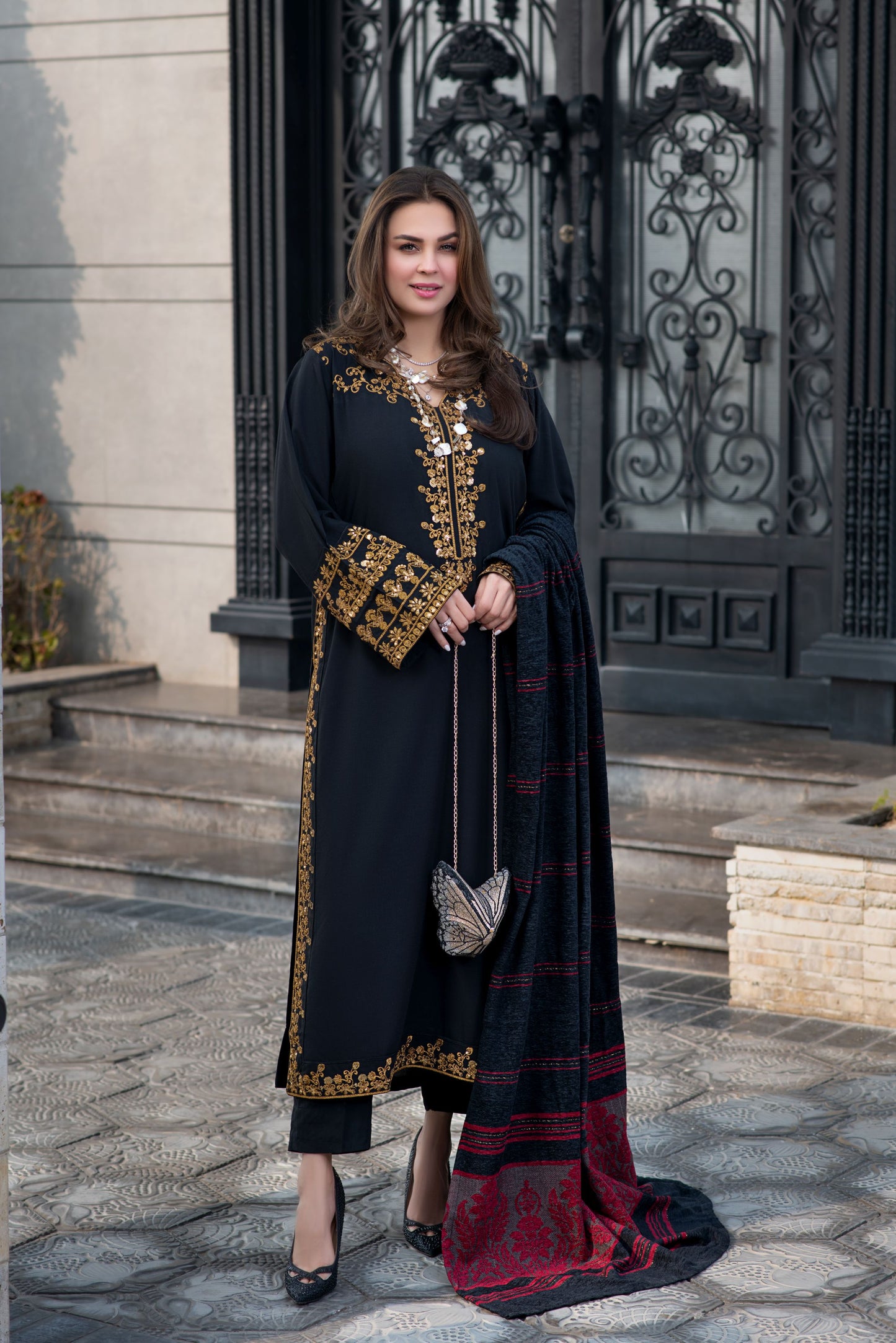 Zimal 3pc Linen Dress with Velvet-Thread Jacquard Shawl ZW4