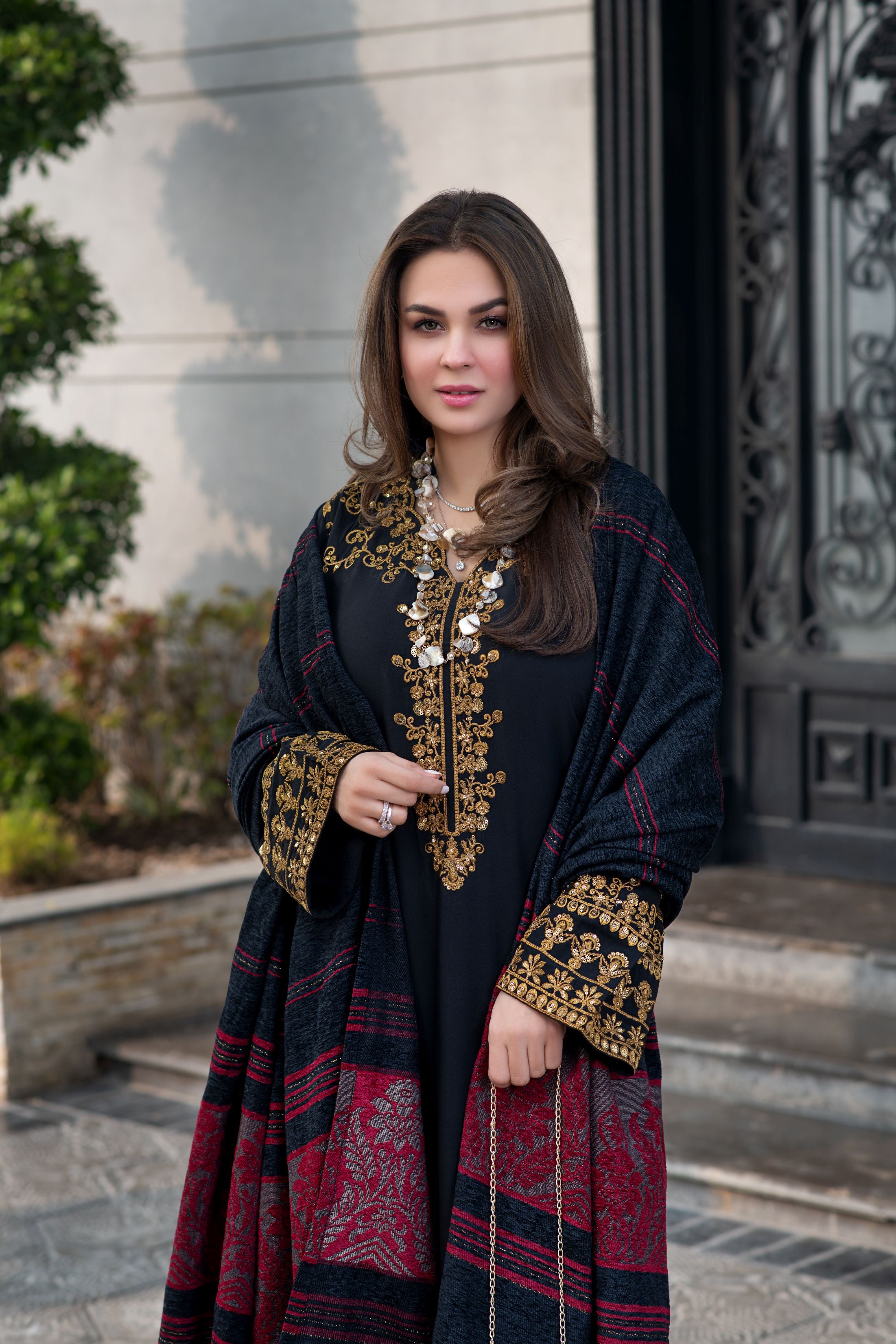 Zimal 3pc Linen Dress with Velvet-Thread Jacquard Shawl ZW4