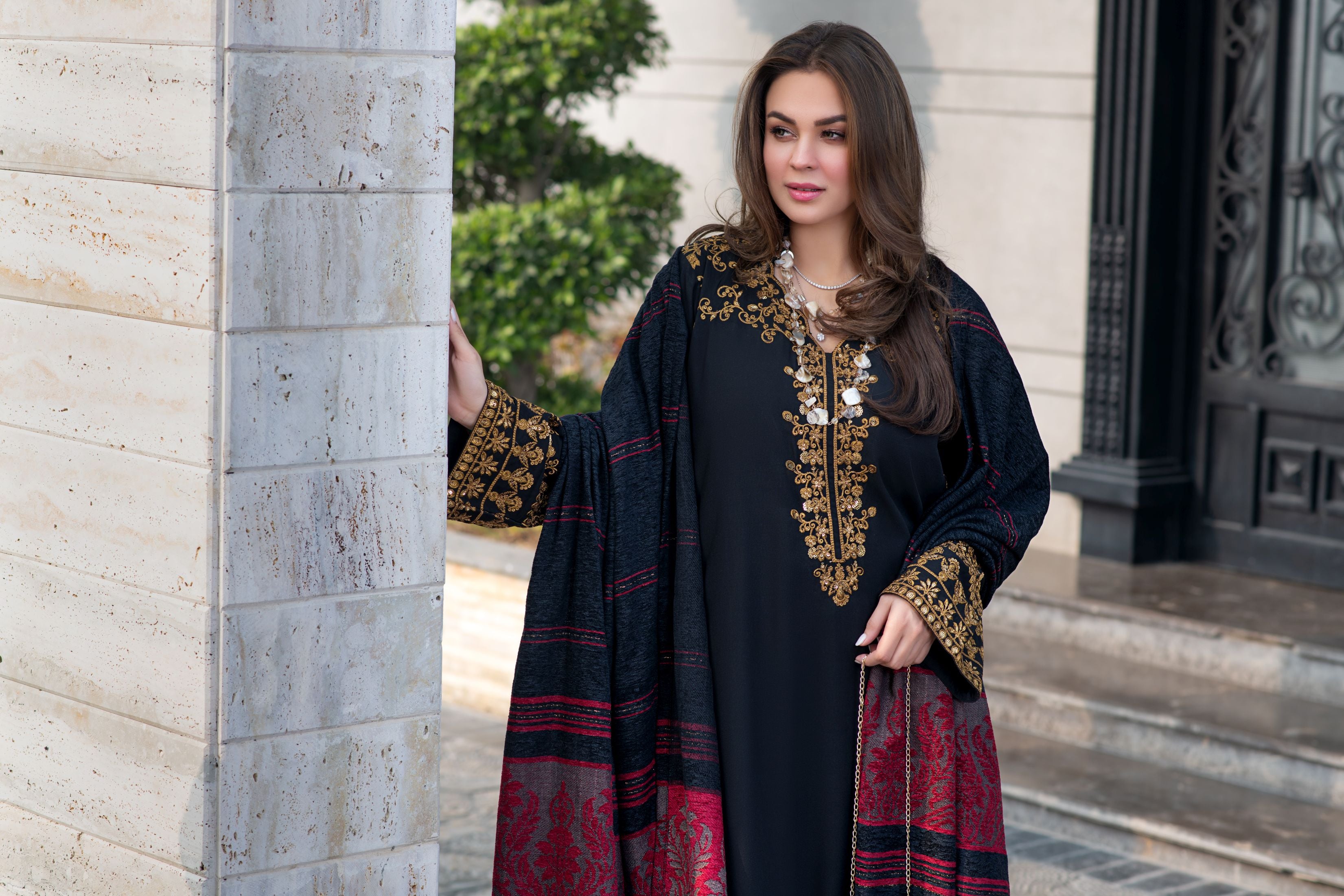 Zimal 3pc Linen Dress with Velvet-Thread Jacquard Shawl ZW4