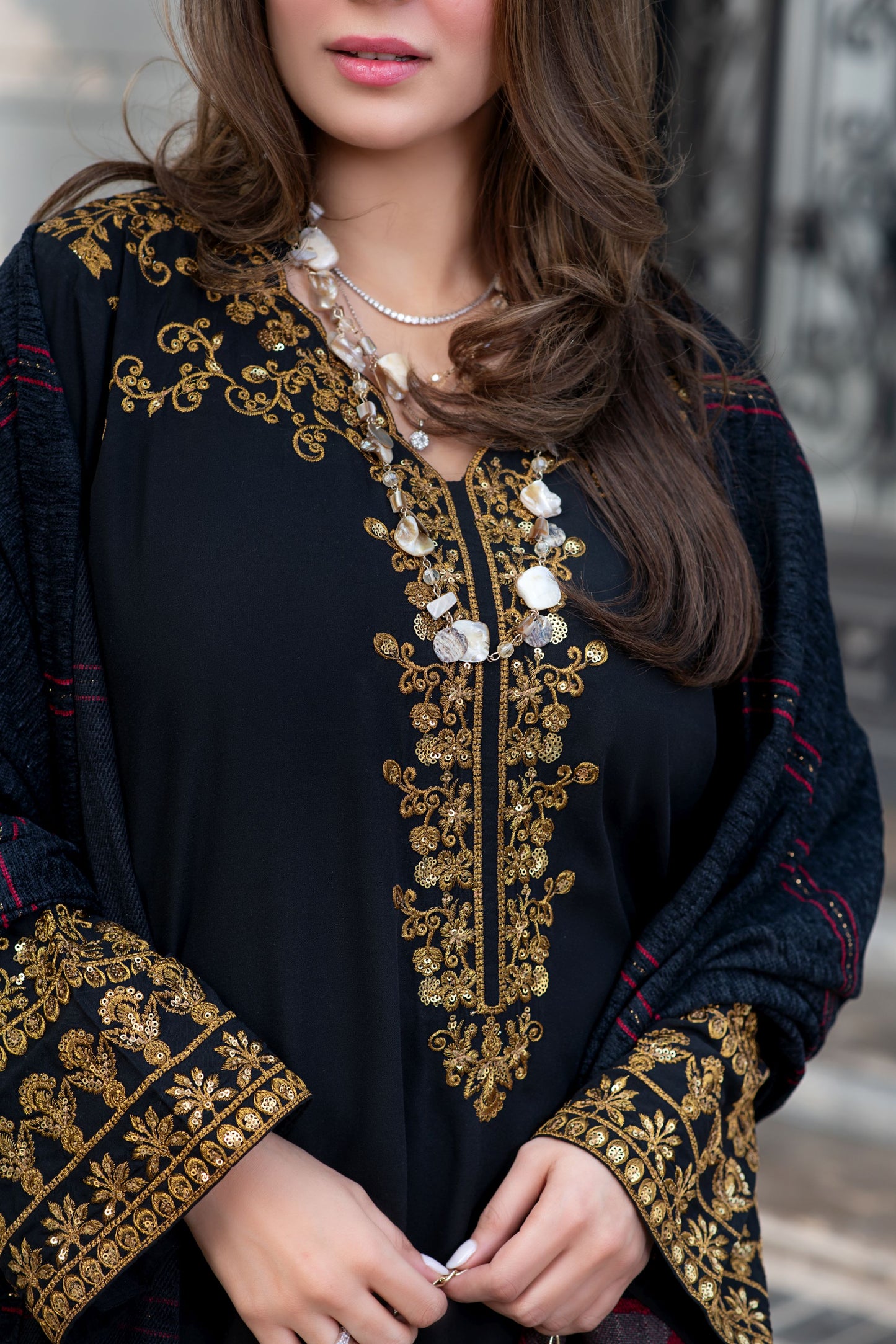 Zimal 3pc Linen Dress with Velvet-Thread Jacquard Shawl ZW4