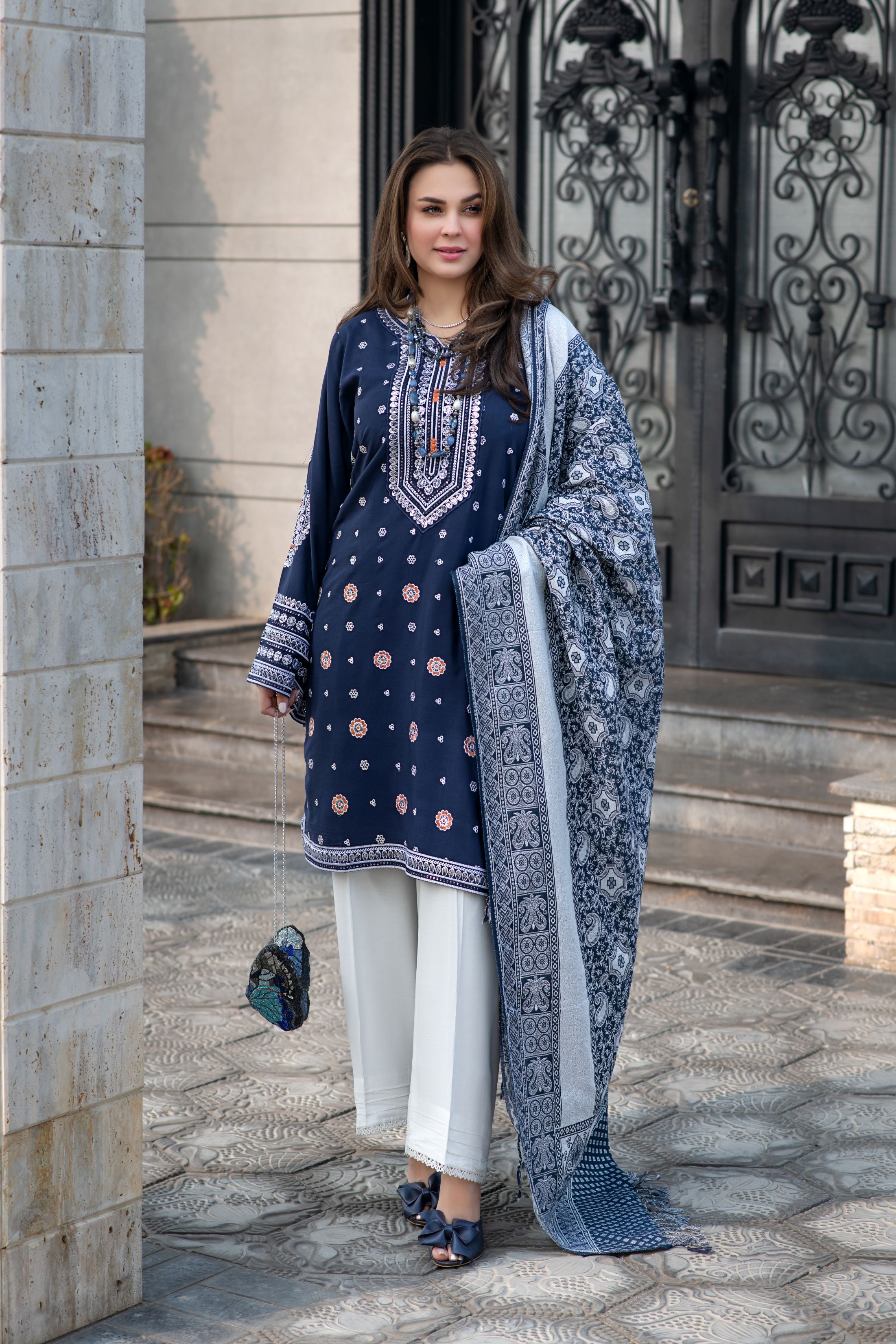 Zimal 3pc Winter Linen Shirt with Silver Shimmer Jacquard Shawl ZW9