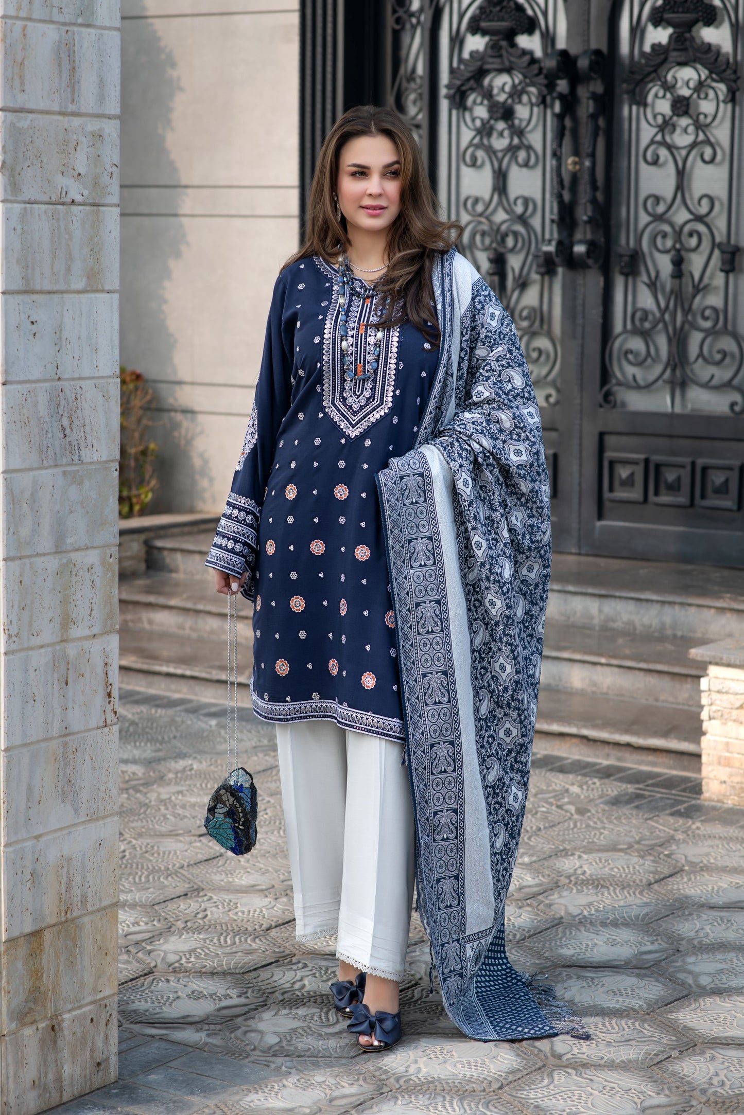 Zimal 3pc Winter Linen Shirt with Silver Shimmer Jacquard Shawl ZW9