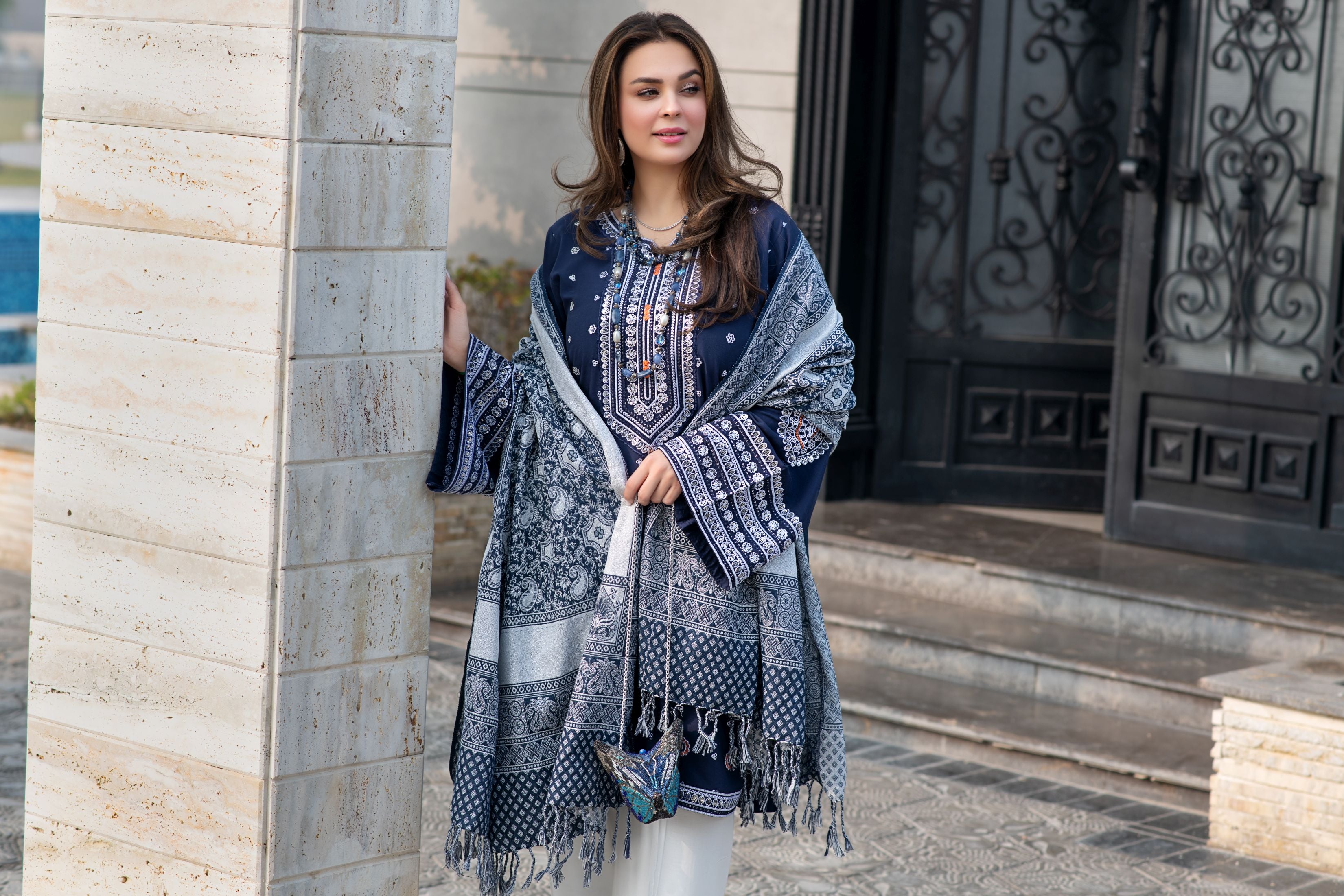 Zimal 3pc Winter Linen Shirt with Silver Shimmer Jacquard Shawl ZW9