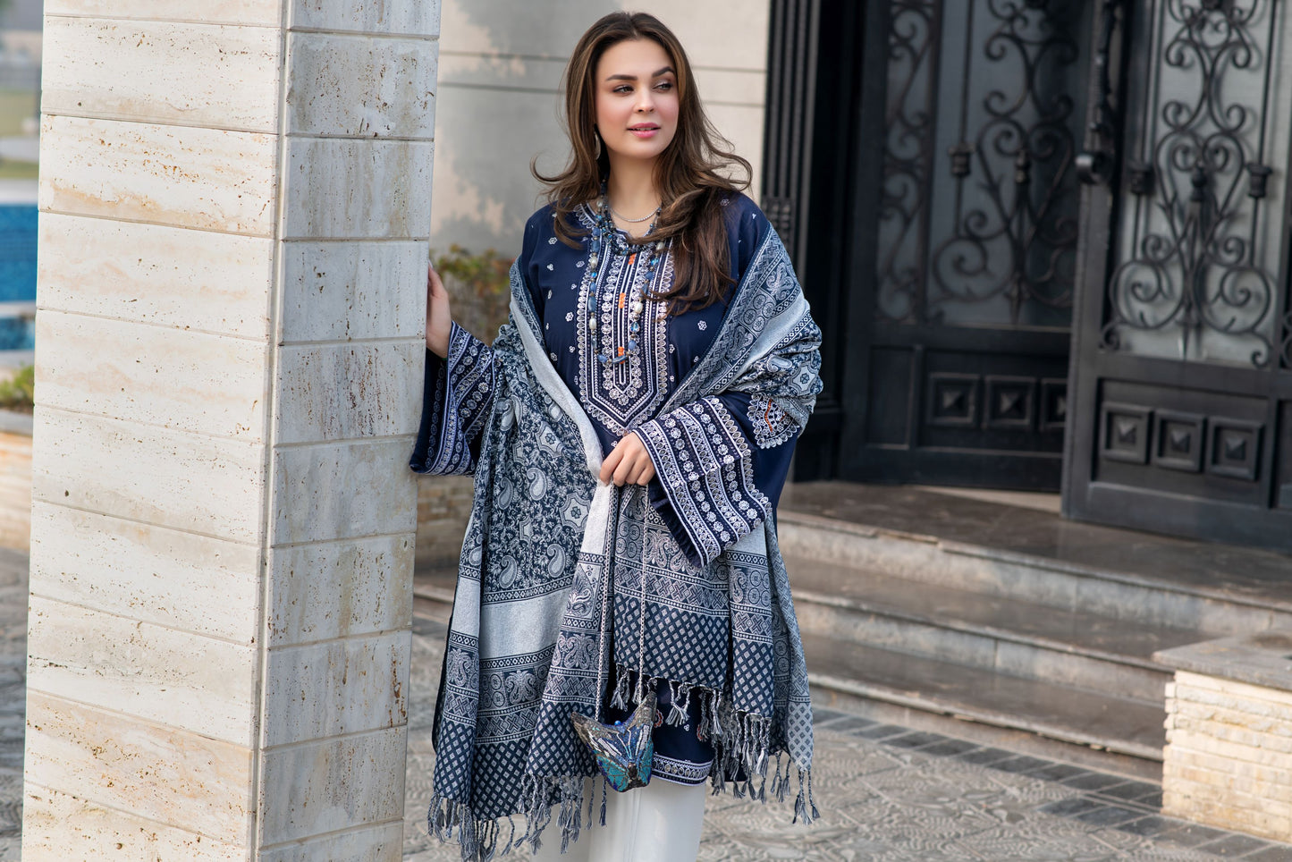 Zimal 3pc Winter Linen Shirt with Silver Shimmer Jacquard Shawl ZW9