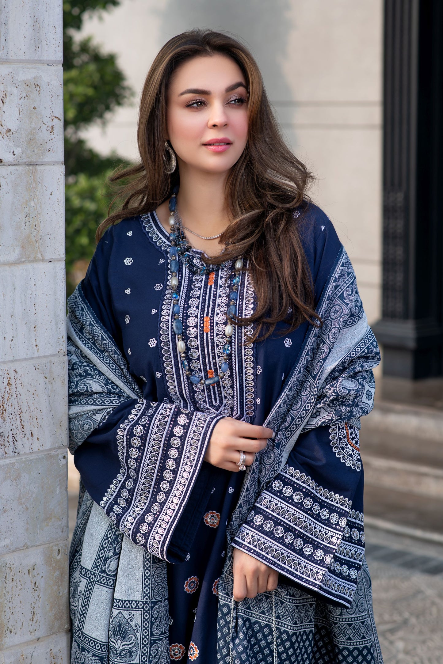 Zimal 3pc Winter Linen Shirt with Silver Shimmer Jacquard Shawl ZW9