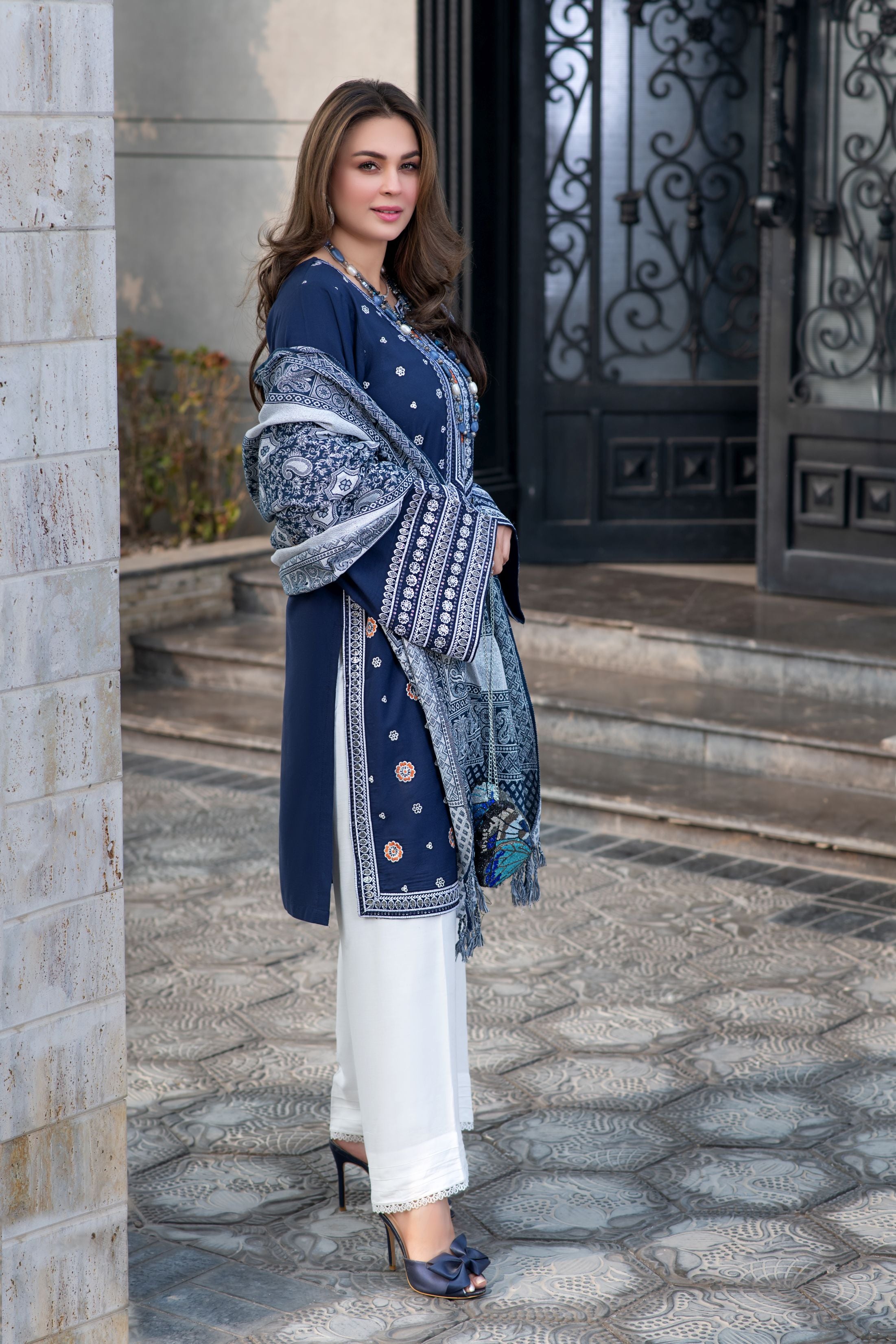 Zimal 3pc Winter Linen Shirt with Silver Shimmer Jacquard Shawl ZW9