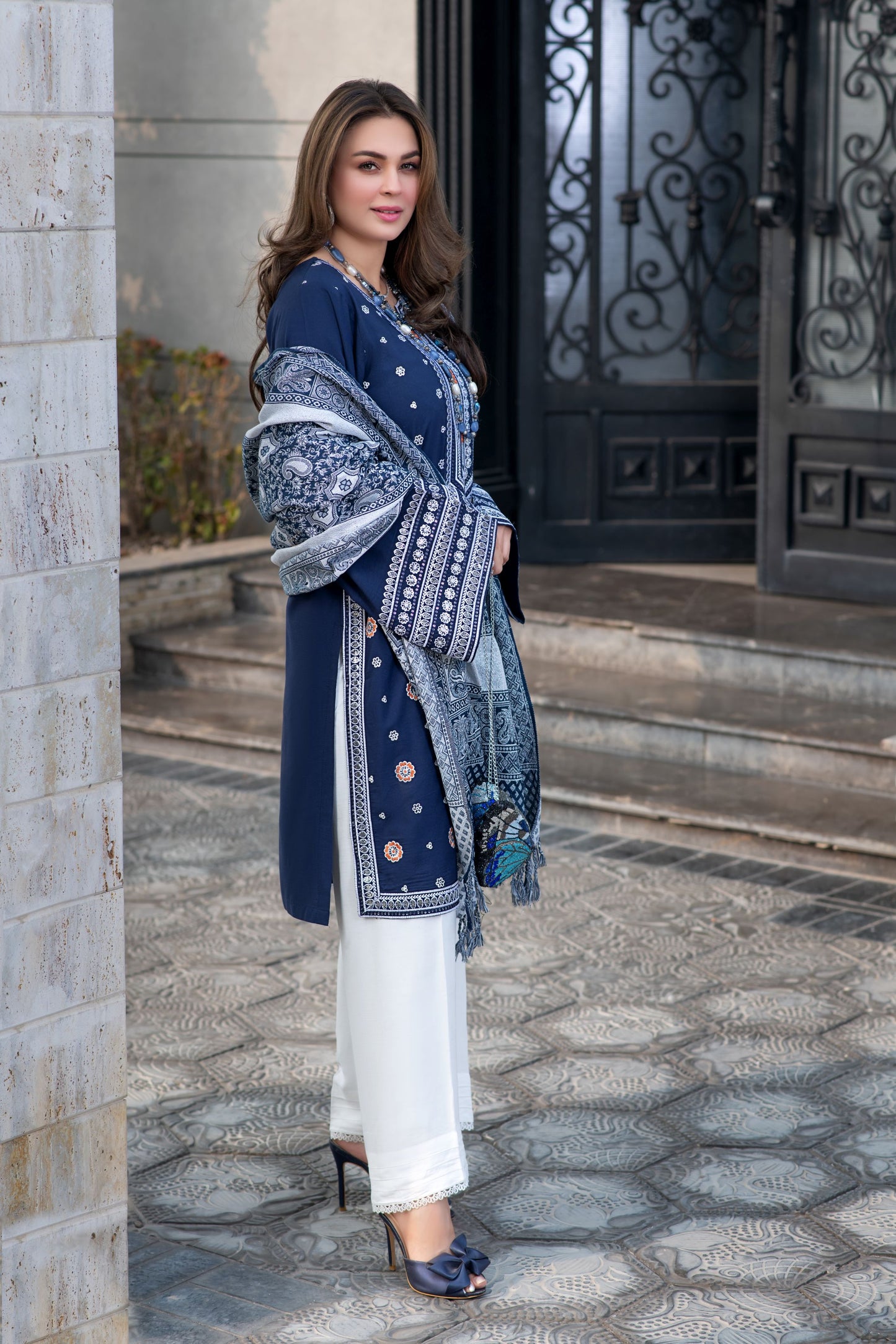 Zimal 3pc Winter Linen Shirt with Silver Shimmer Jacquard Shawl ZW9