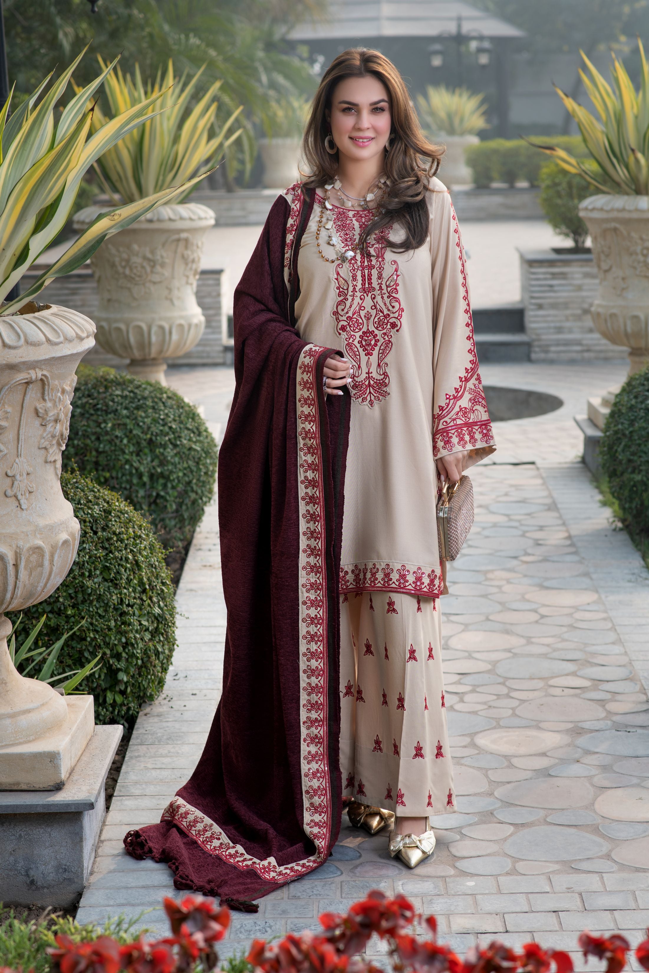 Zimal 3pc Linen Dress with Velvet-Thread Embroidered Shawl ZW7