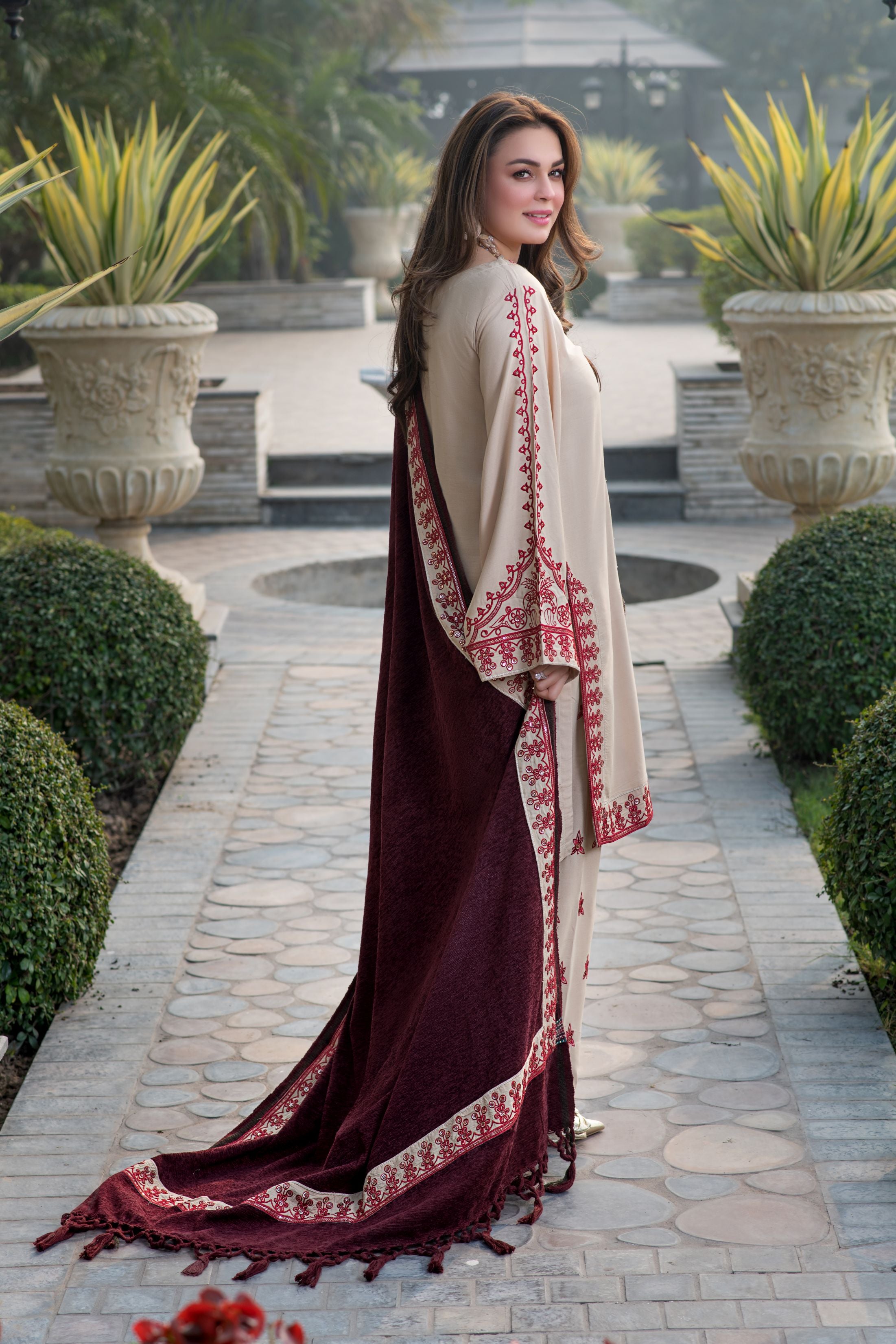 Zimal 3pc Linen Dress with Velvet-Thread Embroidered Shawl ZW7