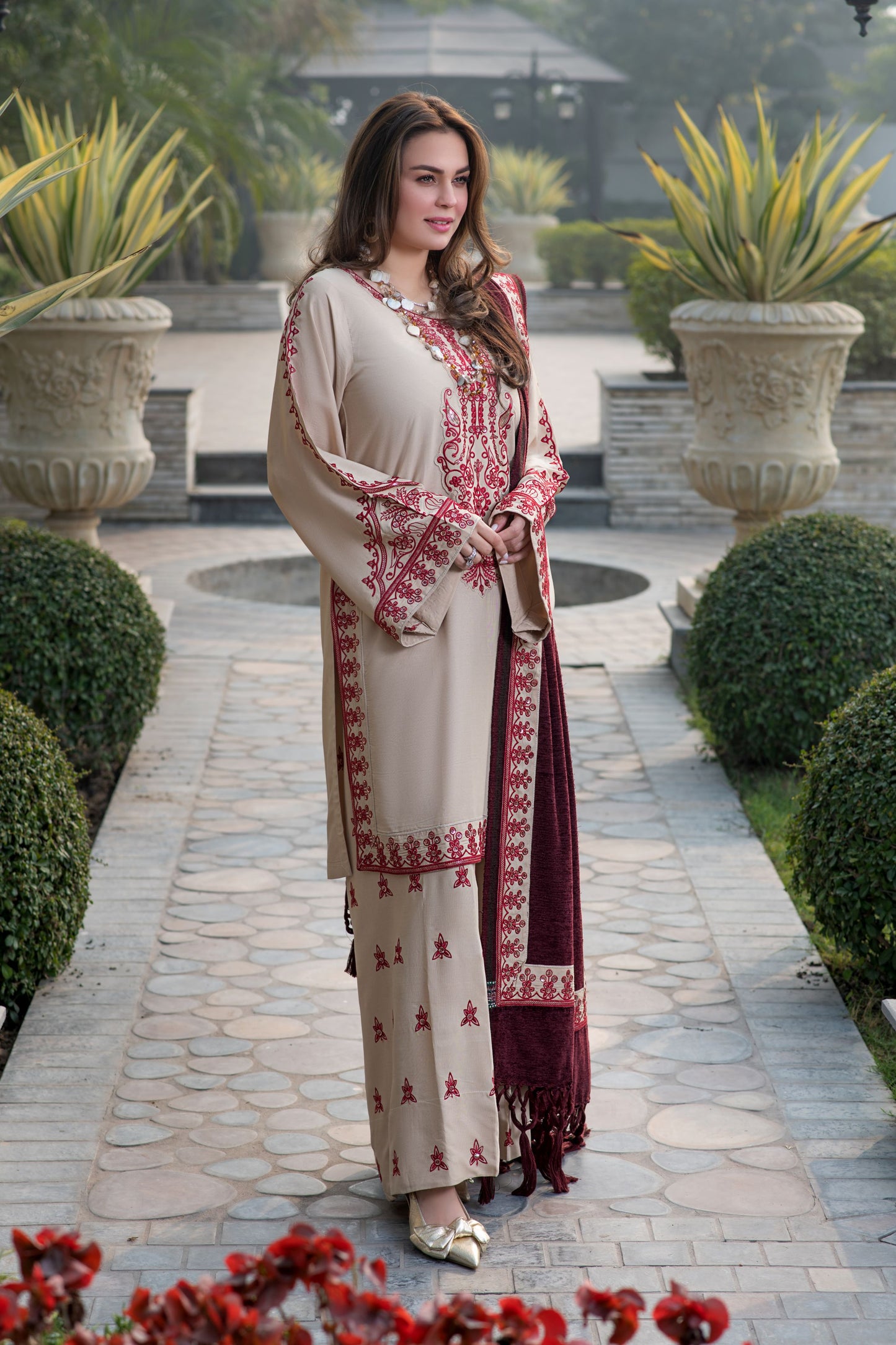 Zimal 3pc Linen Dress with Velvet-Thread Embroidered Shawl ZW7
