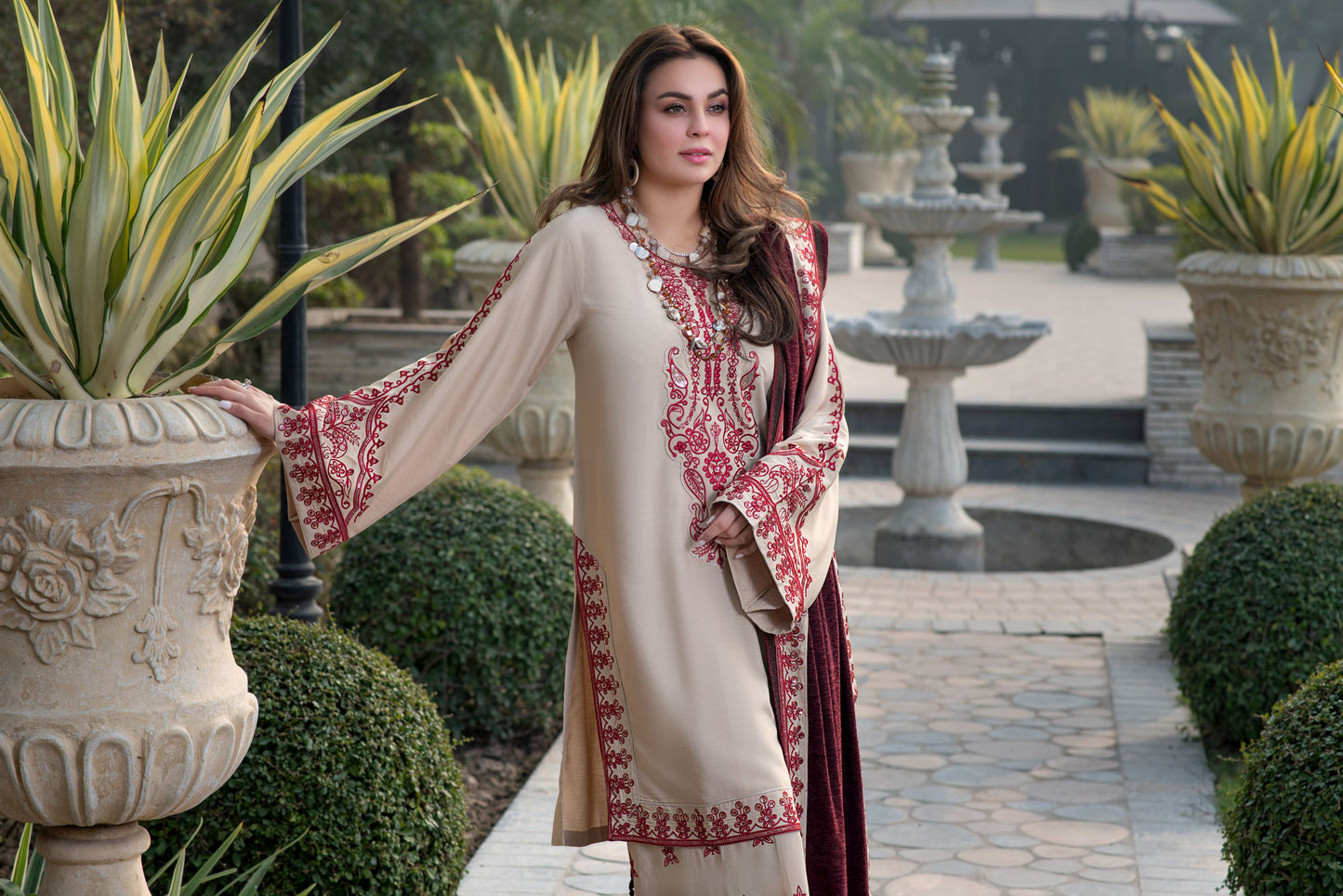Zimal 3pc Linen Dress with Velvet-Thread Embroidered Shawl ZW7