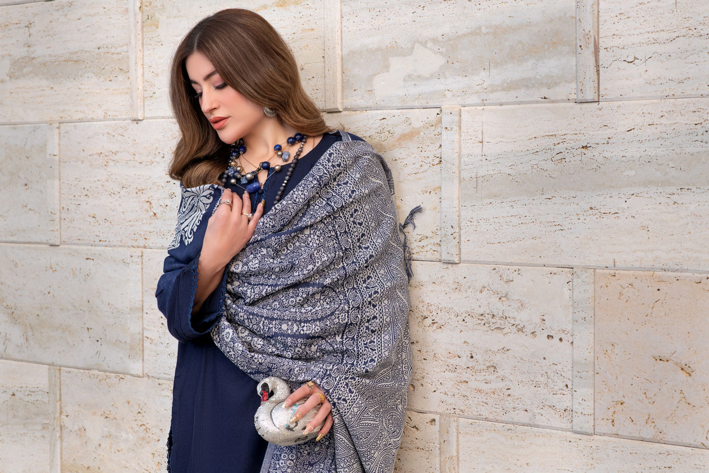 Aurum by Gul Warun – Navy Multani Shawl Dhanak 3pc Suit GA8