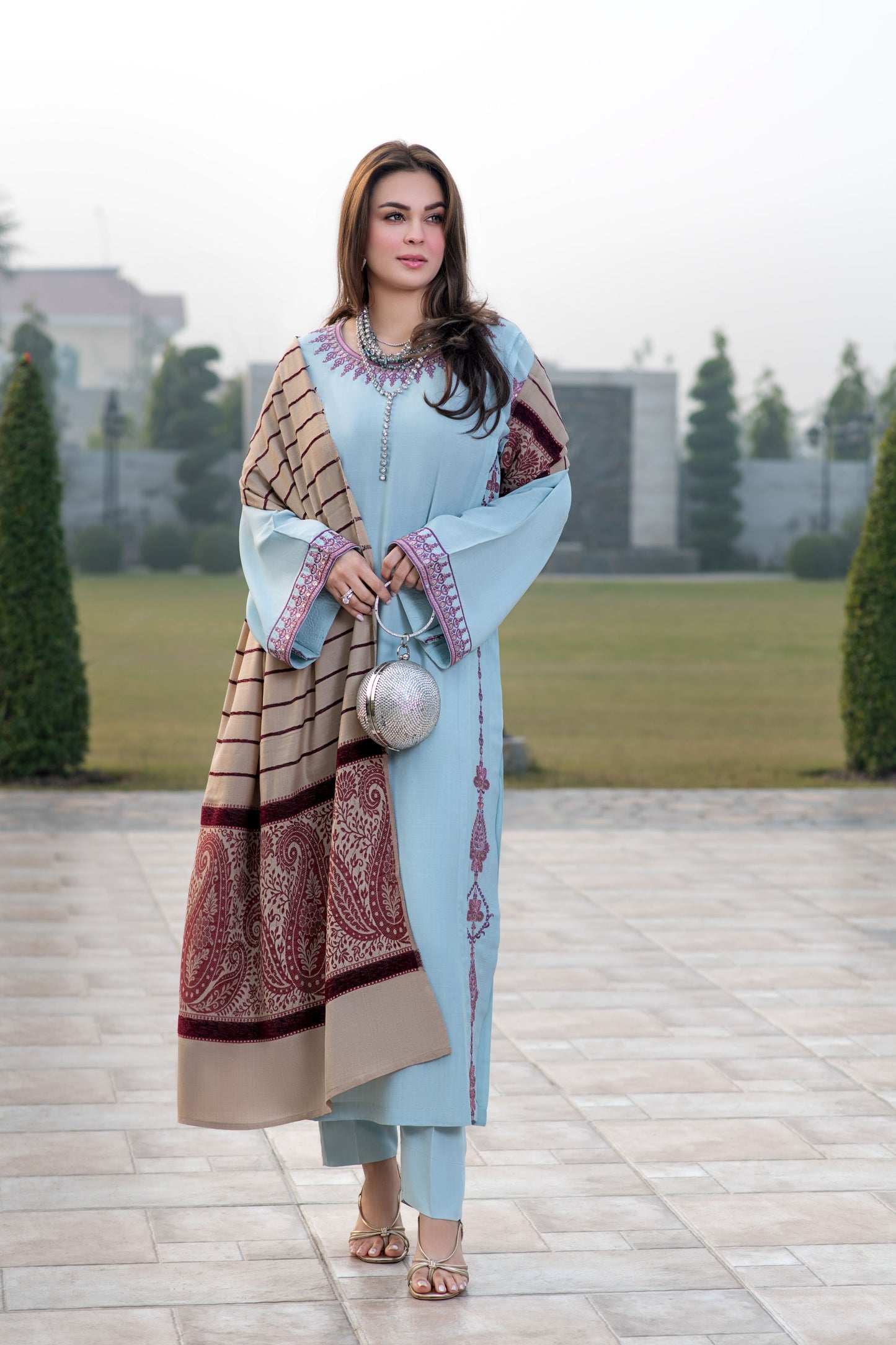 Zimal 3pc Ready to Wear Linen Dress with Wool Jacquard Shawl ZW2