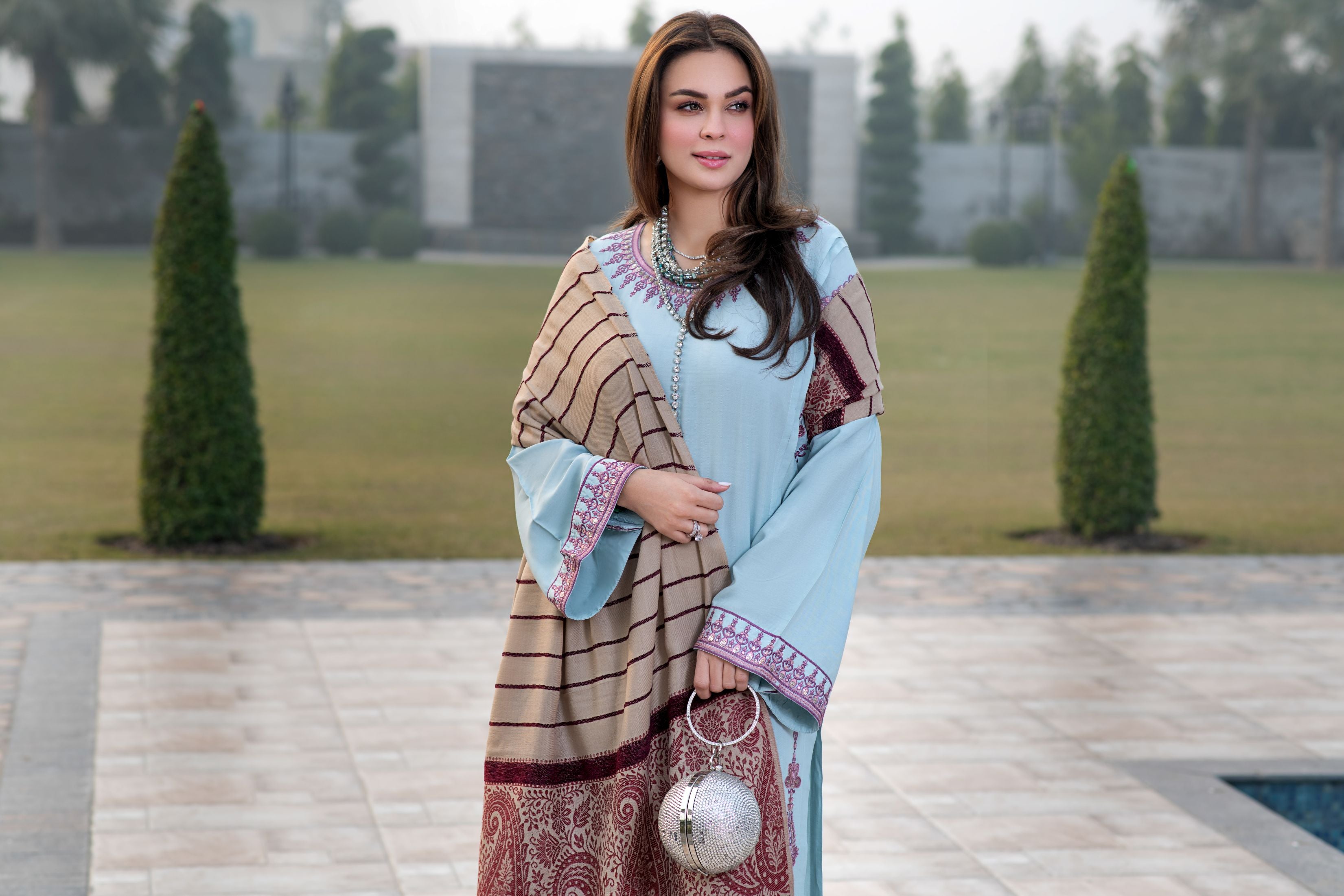 Zimal 3pc Ready to Wear Linen Dress with Wool Jacquard Shawl ZW2