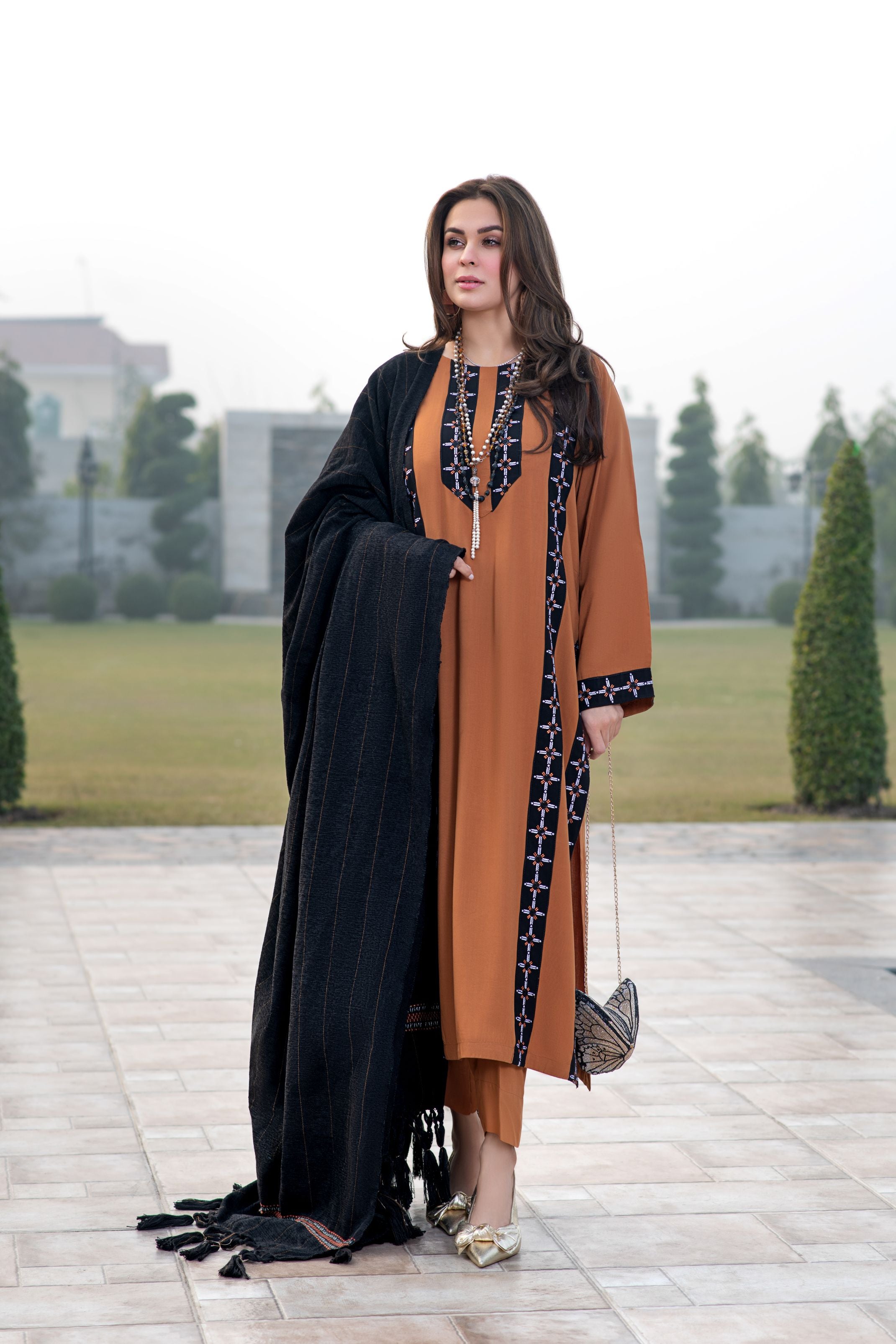 Zimal 3pc Linen Dress with Velvet-Thread Jacquard Shawl ZW6