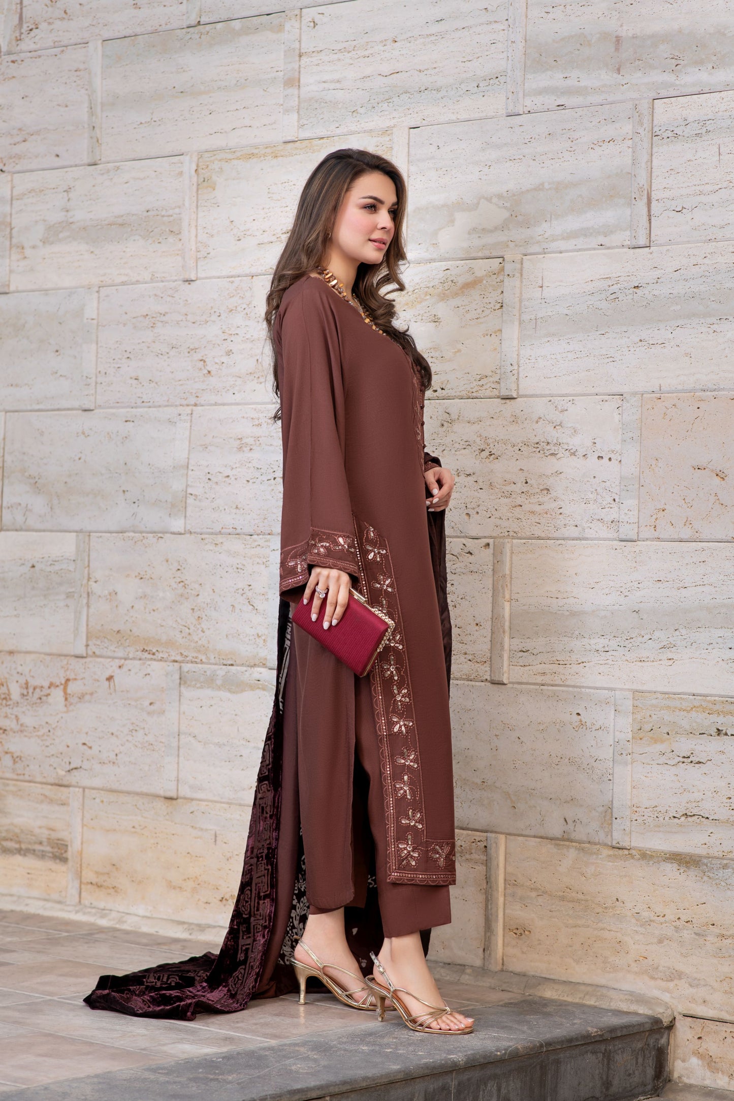 Zohra | Coffee Brown 3pc Ready to Wear Winter Dress with Palachi Shawl ZAB3