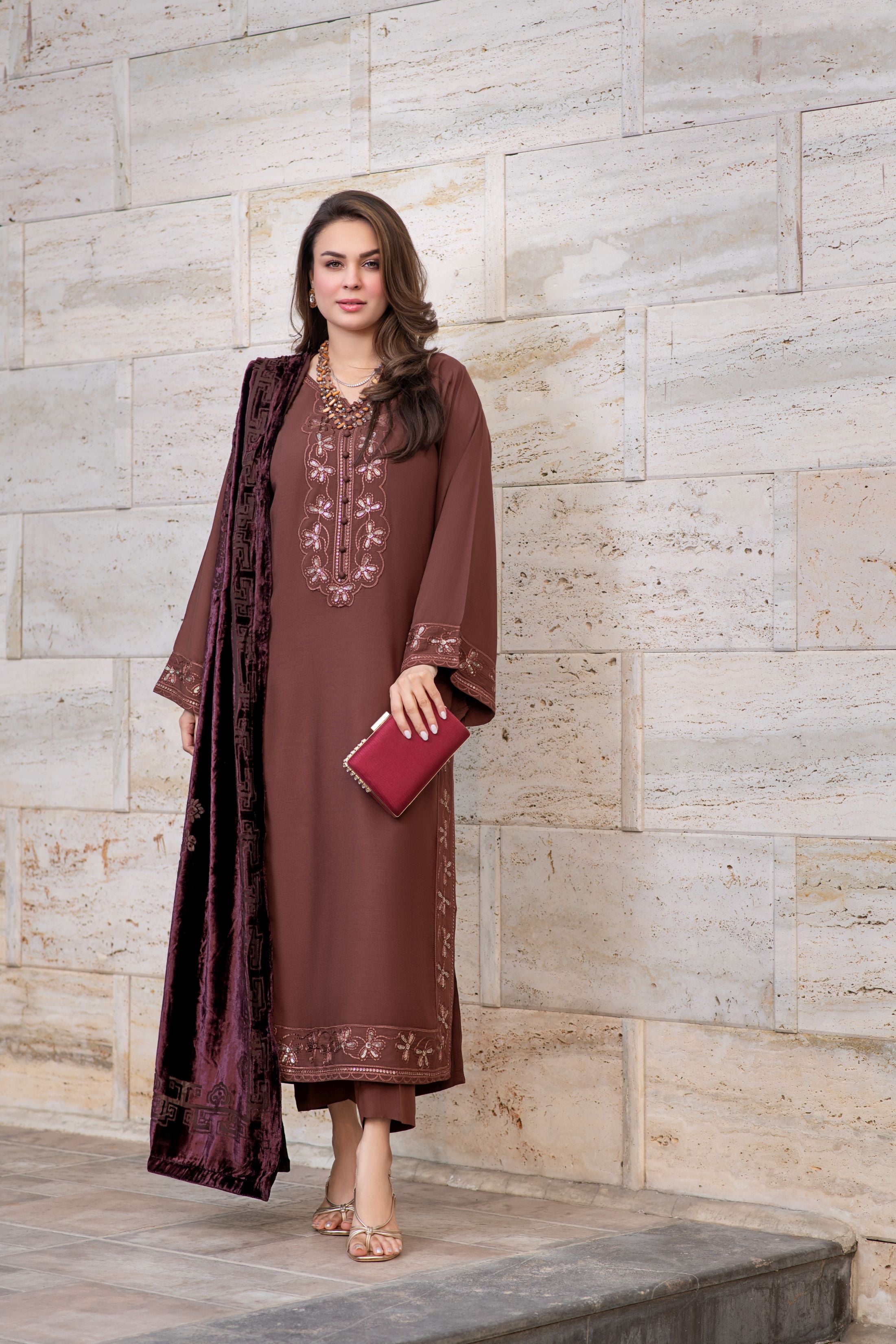 Zohra | Coffee Brown 3pc Ready to Wear Winter Dress with Palachi Shawl ZAB3