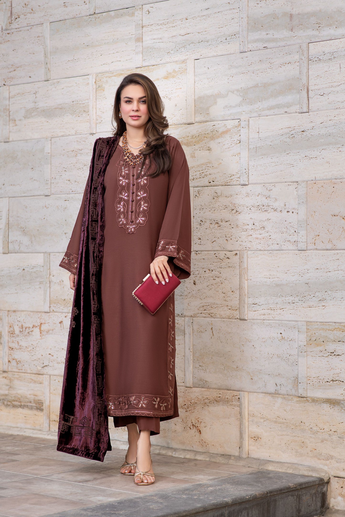 Zohra | Coffee Brown 3pc Ready to Wear Winter Dress with Palachi Shawl ZAB3