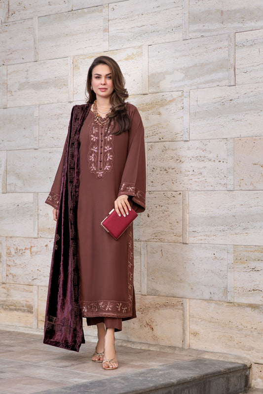 Zohra | Coffee Brown 3pc Ready to Wear Winter Dress with Palachi Shawl ZAB3