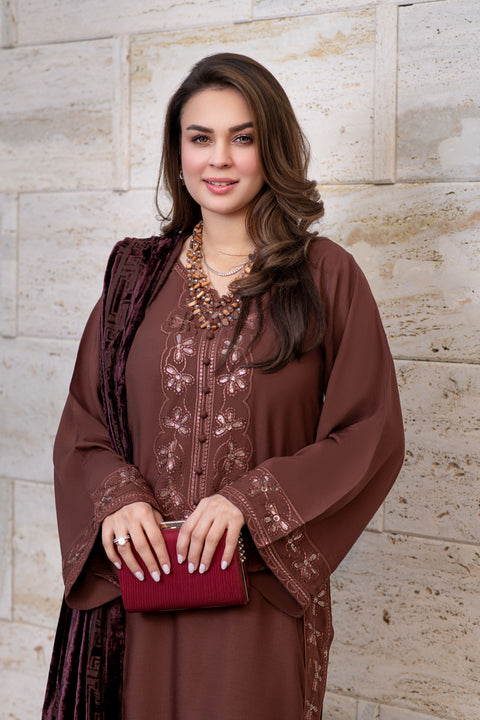 Zohra | Coffee Brown 3pc Ready to Wear Winter Dress with Palachi Shawl ZAB3 Small Zohra | Coffee Brown 3pc Ready to Wear Winter Dress with Palachi Shawl ZAB3 Small