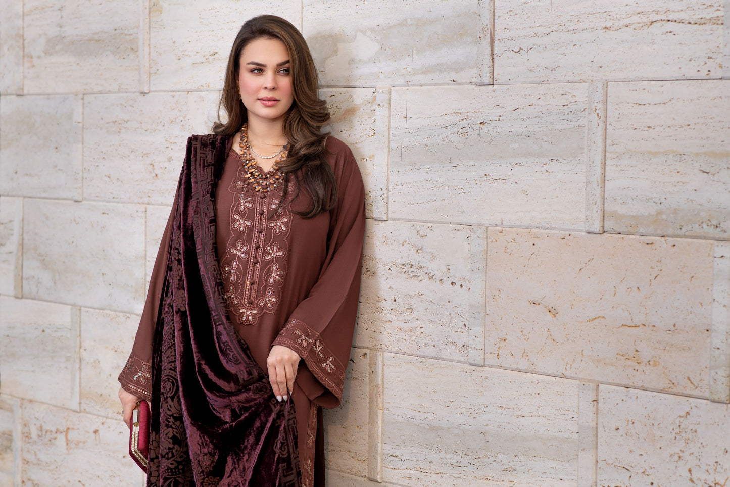 Zohra | Coffee Brown 3pc Ready to Wear Winter Dress with Palachi Shawl ZAB3