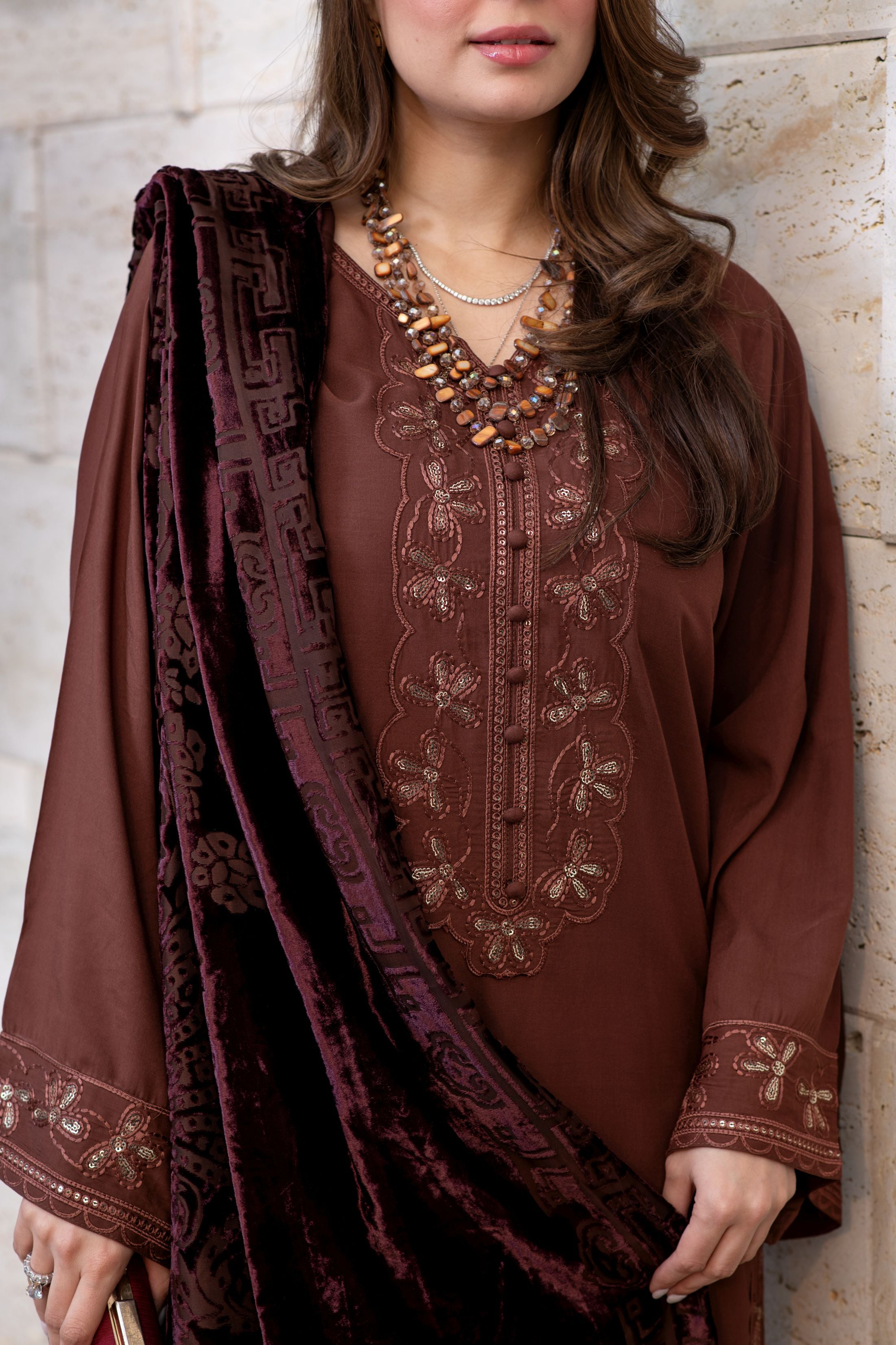 Zohra | Coffee Brown 3pc Ready to Wear Winter Dress with Palachi Shawl ZAB3