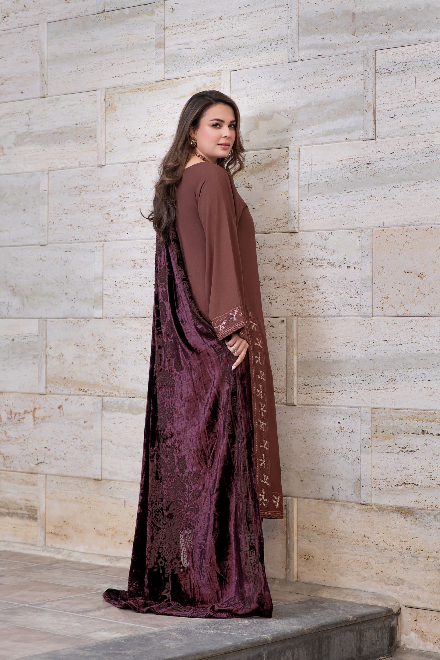 Zohra | Coffee Brown 3pc Ready to Wear Winter Dress with Palachi Shawl ZAB3