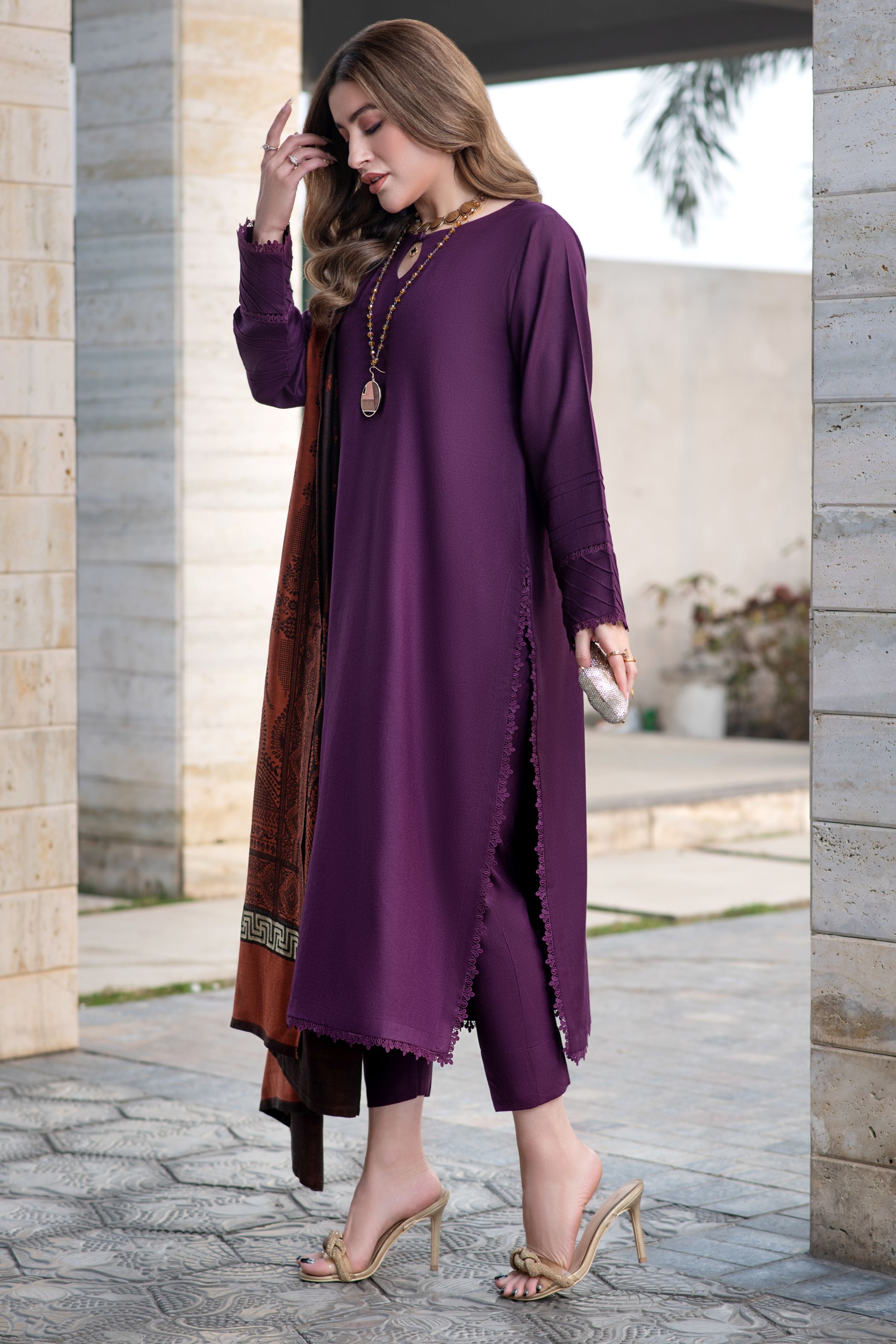 Aurum by Gul Warun – Plum Multani Shawl Dhanak 3pc Suit GA3