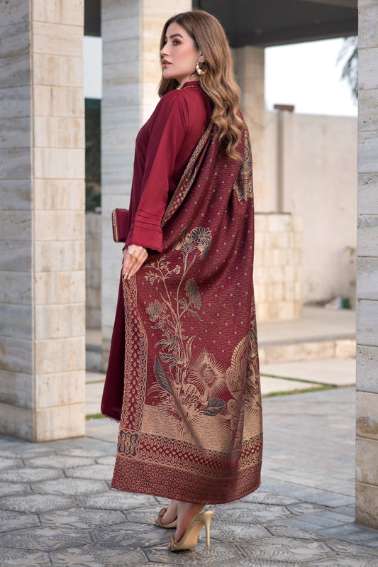 Aurum by Gul Warun – Maroon Multani Shawl Dhanak 3pc Suit GA1
