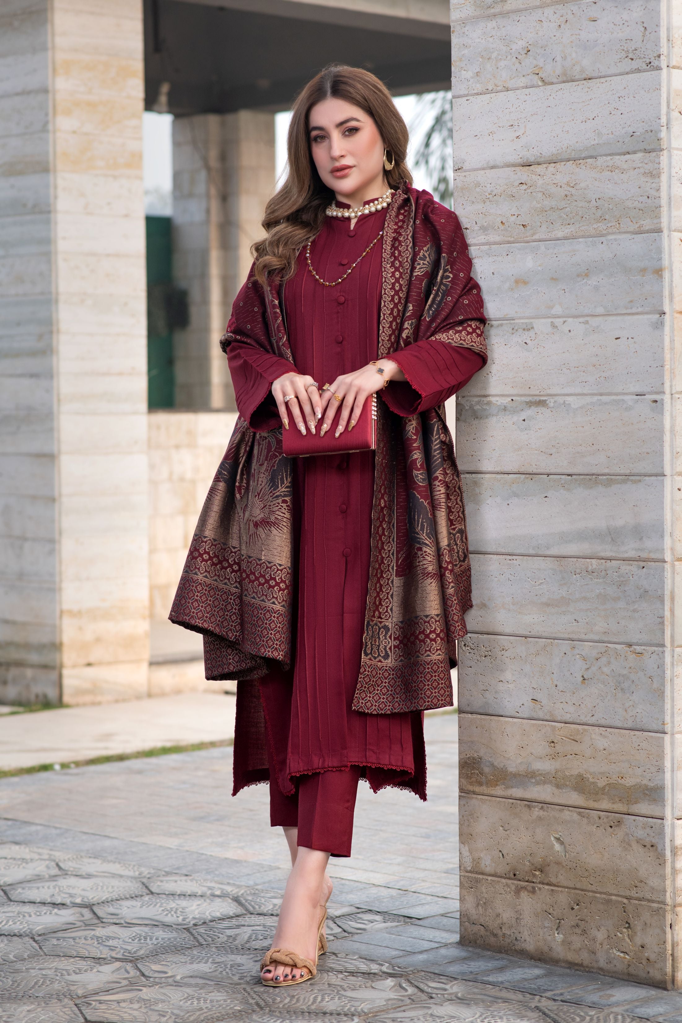 Aurum by Gul Warun – Maroon Multani Shawl Dhanak 3pc Suit GA1