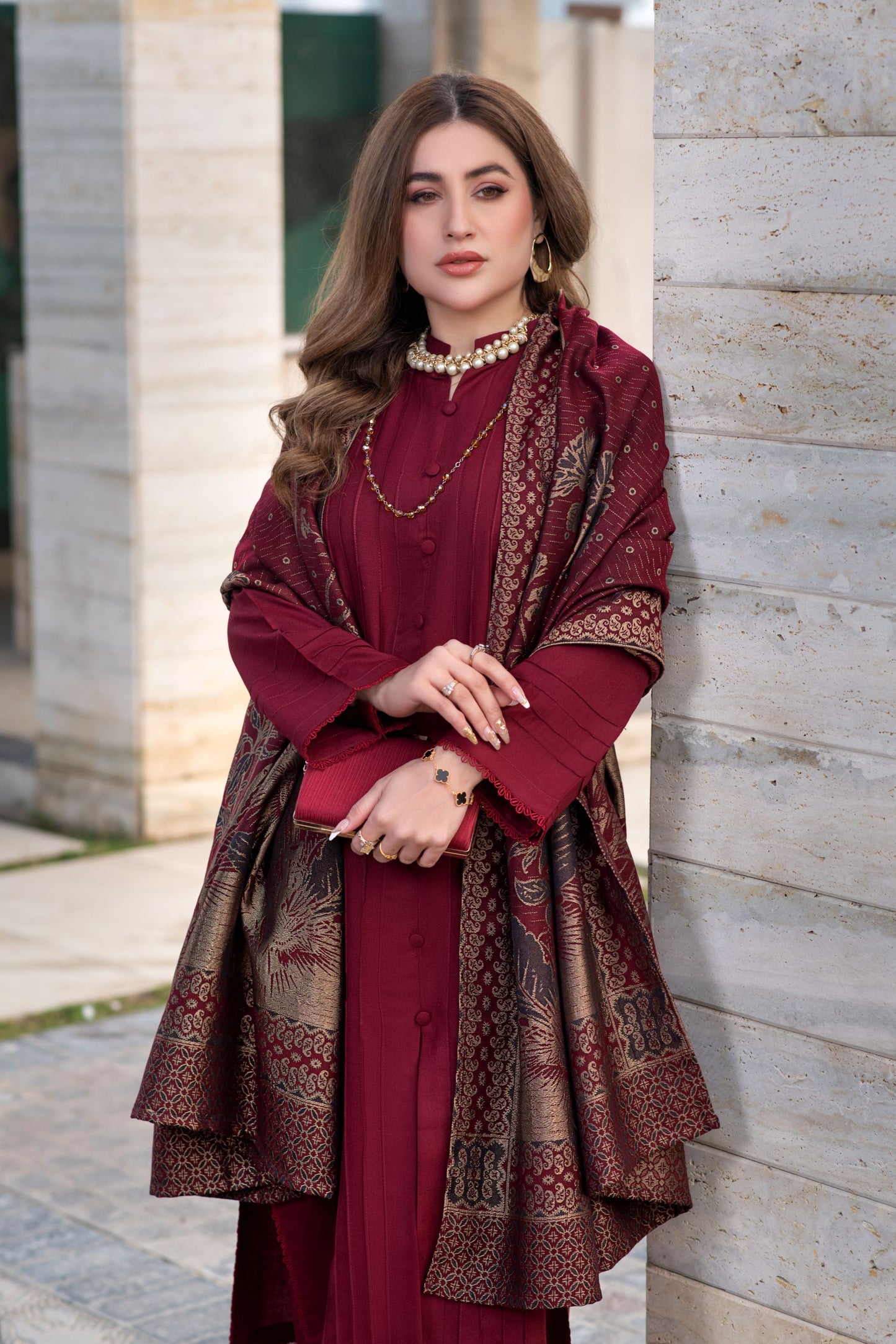 Aurum by Gul Warun – Maroon Multani Shawl Dhanak 3pc Suit GA1